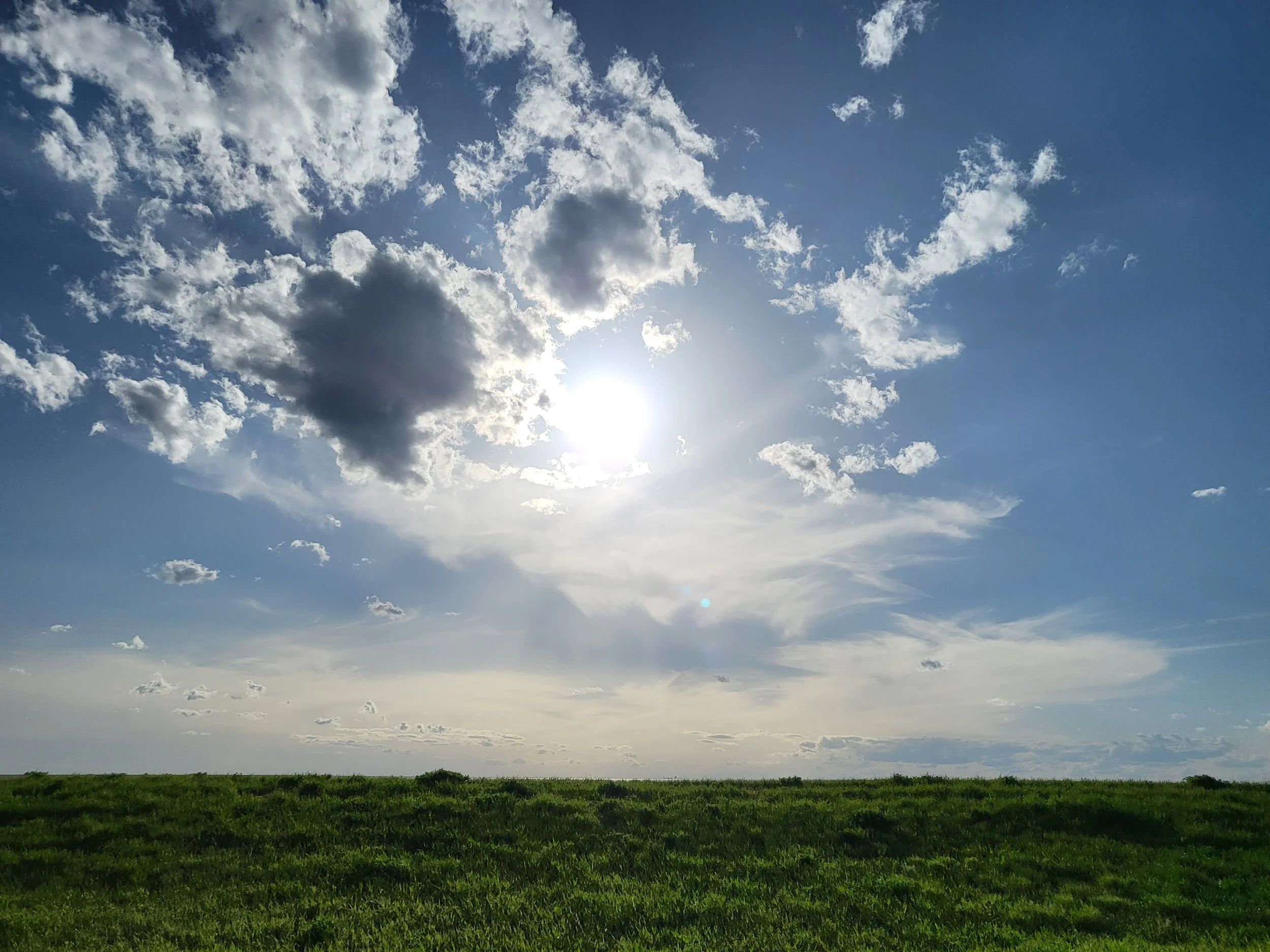 A wide landscape view of a green field with some bushes near the bottom, under a blue sky with scattered white clouds and the sun shining through.