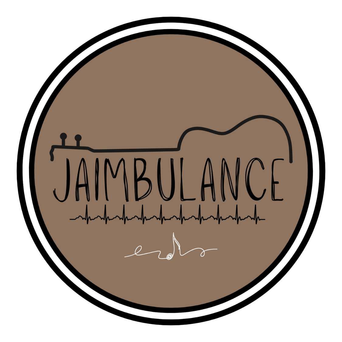 Circular logo with a brown background, featuring the word 'JAMBULANCE' in black, a stylized ambulance outline, and a heartbeat line, all enclosed by a white and black border.