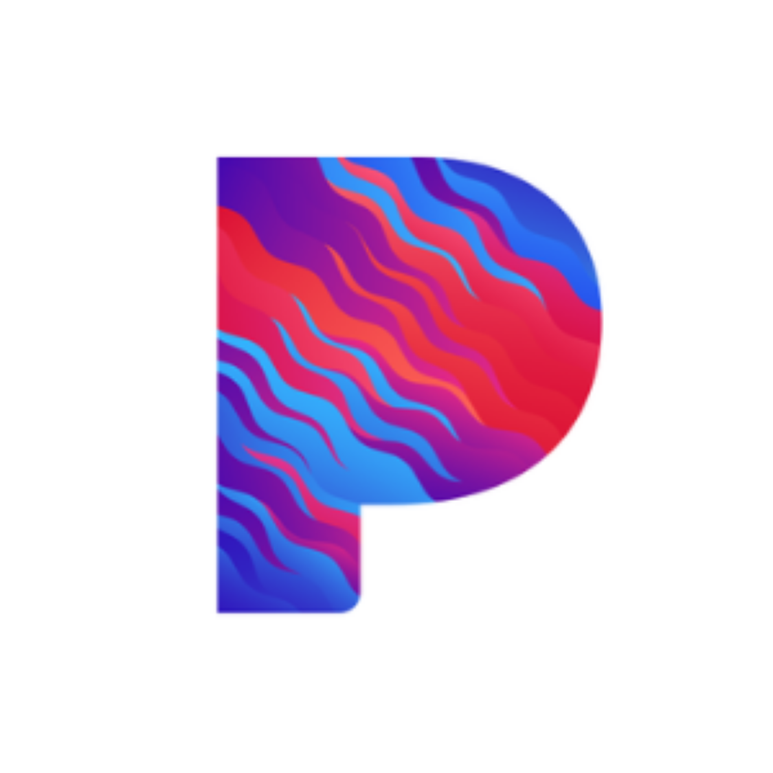 Colorful letter 'P' with wavy gradient pattern in shades of purple, blue, pink, and red on a white background.