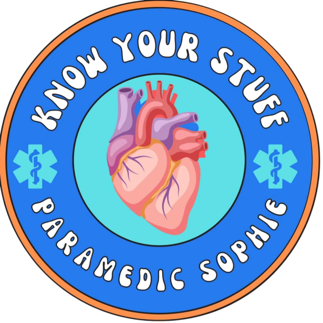 A circular badge with a blue background, featuring the text 'Knowledge Your Still To Pass Medical Squad' around the border. In the center, there is an illustration of a human heart.