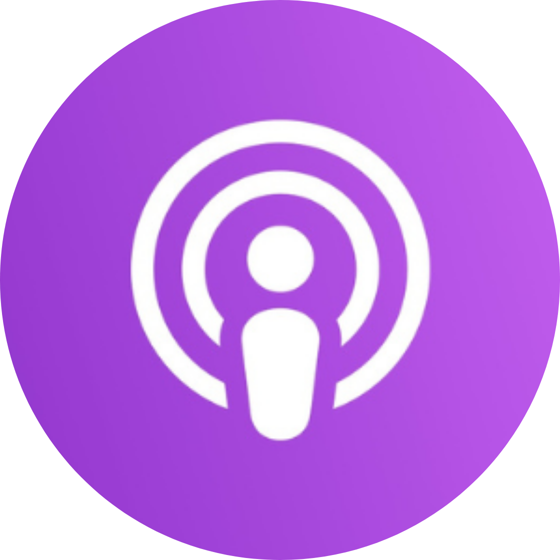 Purple background with a white podcast icon featuring a stylized microphone in the center and concentric circles around it.