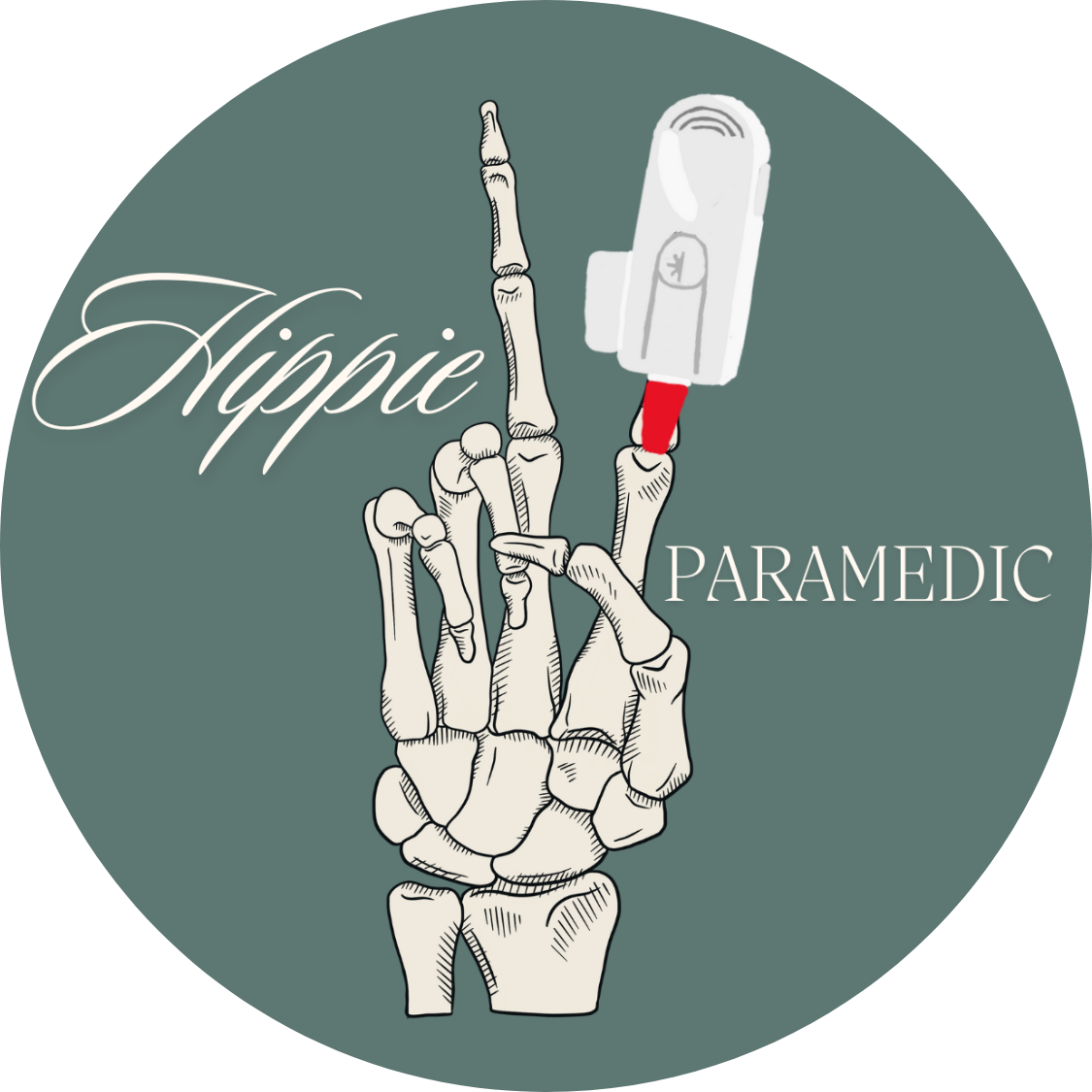 Illustration of a skeletal hand holding a medical device with a red button, with the words 'Hippie Paramedic' in stylized font on a dark background.