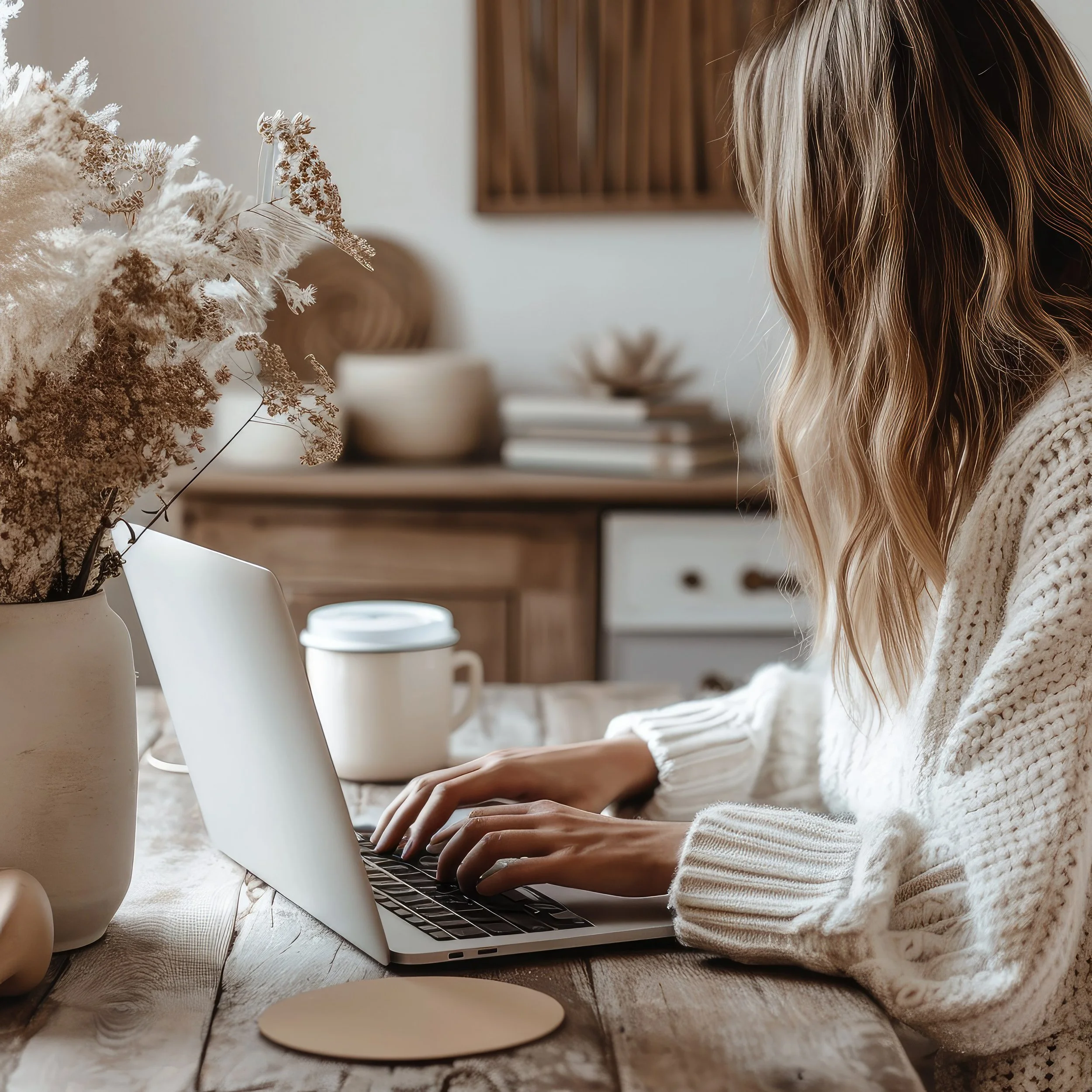 Person working on a laptop at a table with a bouquet of dried flowers and ceramic vases, in a cozy, well-lit room with wooden furniture and decor.