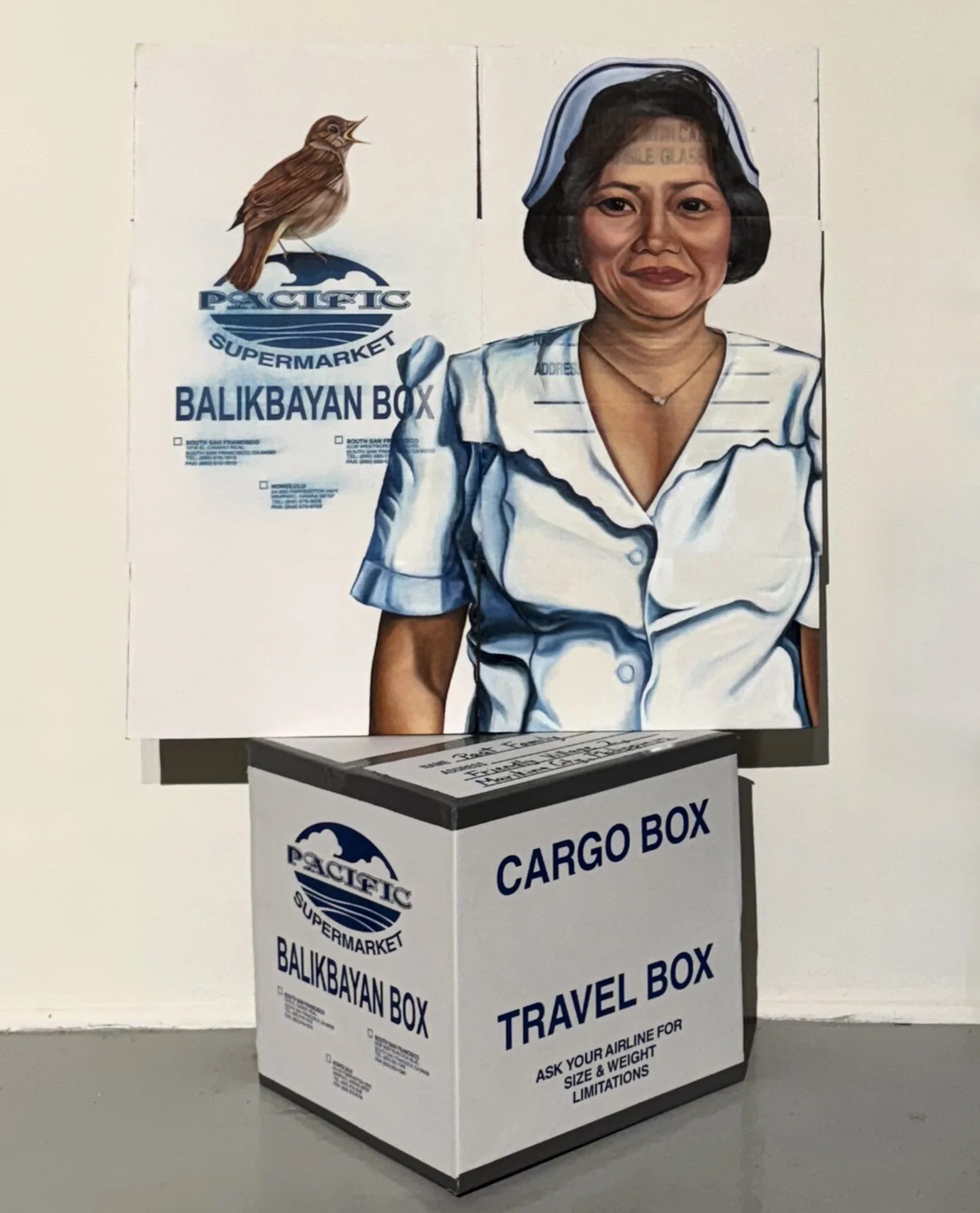 Nurse Paat Balikbayan, 55 x 36 x 19 in, oil on cardboard, duct tape, and ink, 2025

