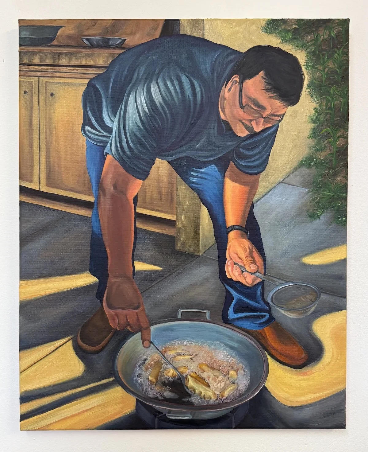 Dad Frying Lumpia, 20 x 16 in, oil on canvas, 2025 
