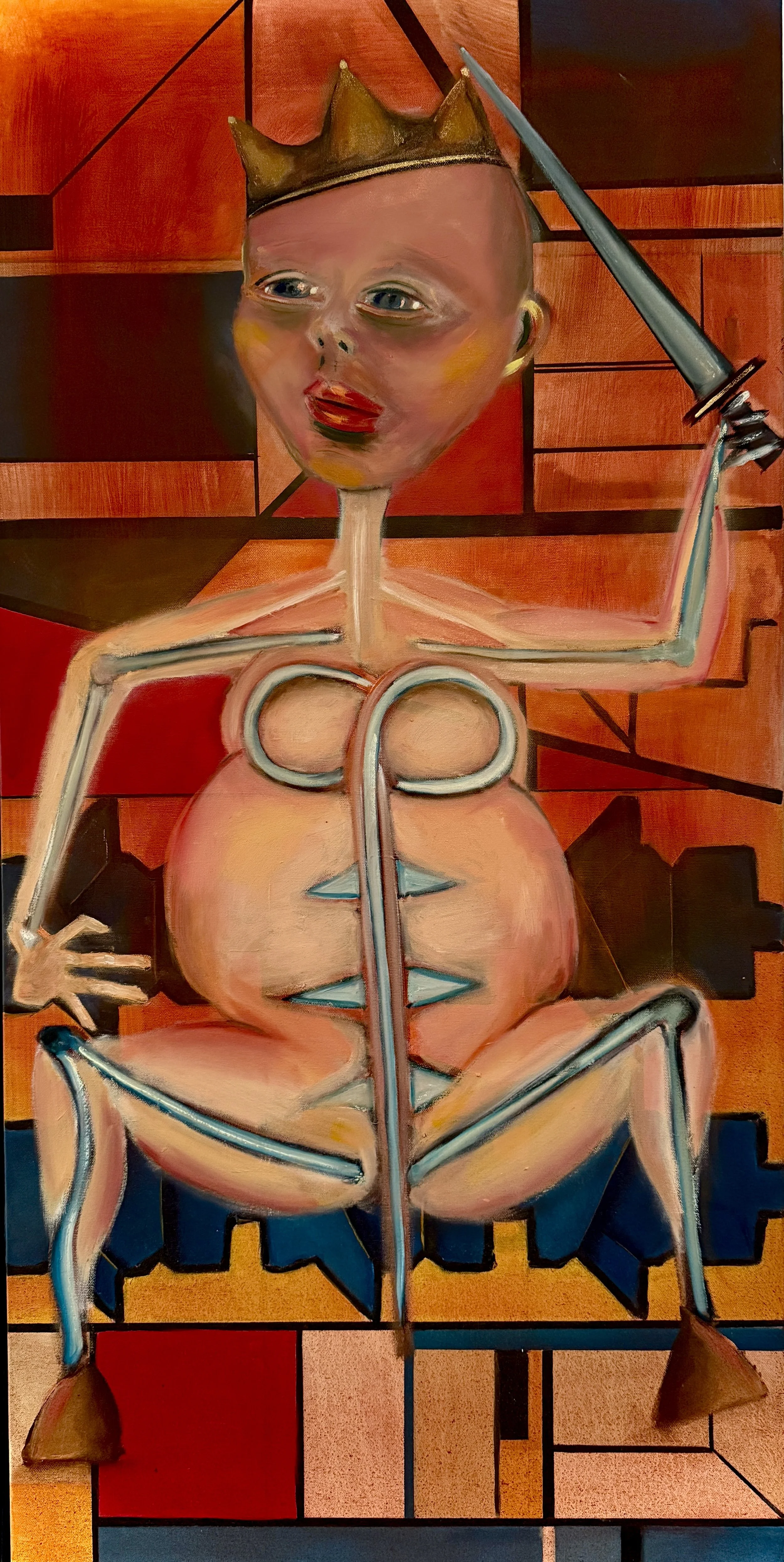 A crowned infant figure with a swollen pink body and long thin limbs sits on a blocky red and blue ground, holding a raised sword. Neo-Expressionist painting in acrylic, oil and oil stick by Ron Aniello.