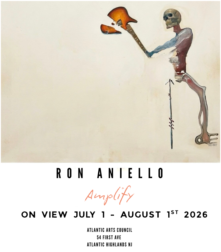 A surreal artwork featuring a skeleton with a skull playing a guitar. The guitar has a face carved into the wood. The skeleton holds the guitar with one hand and stands on a single leg that ends in a wheel. The background is plain and the image is part of promotional material for an art exhibition by Ron Aniello called "Amplify," running from July 1 to August 1, 2026, at the Atlantic Arts Council in Atlantic Highlands, New Jersey.