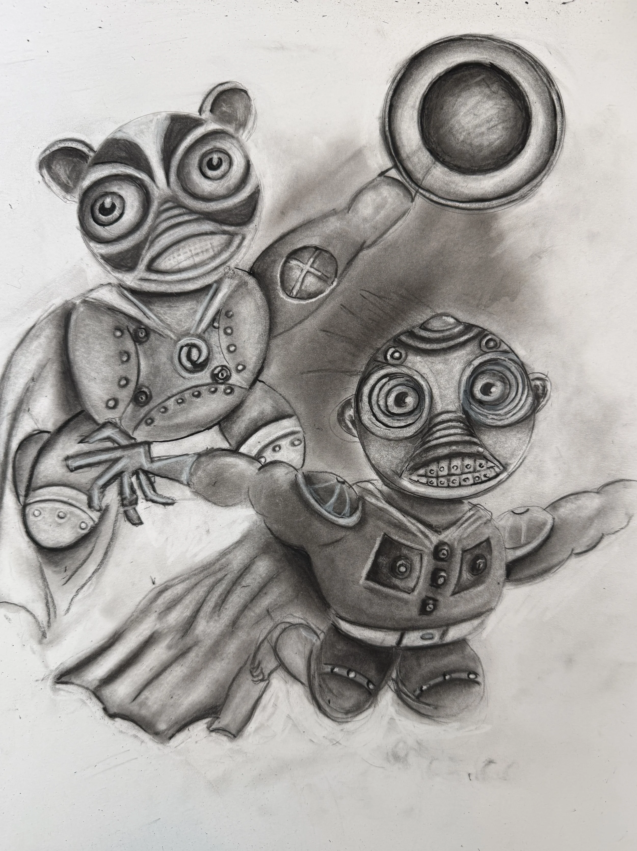 A pencil sketch of cartoon characters with exaggerated facial features, including large eyes and expressive faces, some holding or surrounded by various objects like a camera and a wheel.