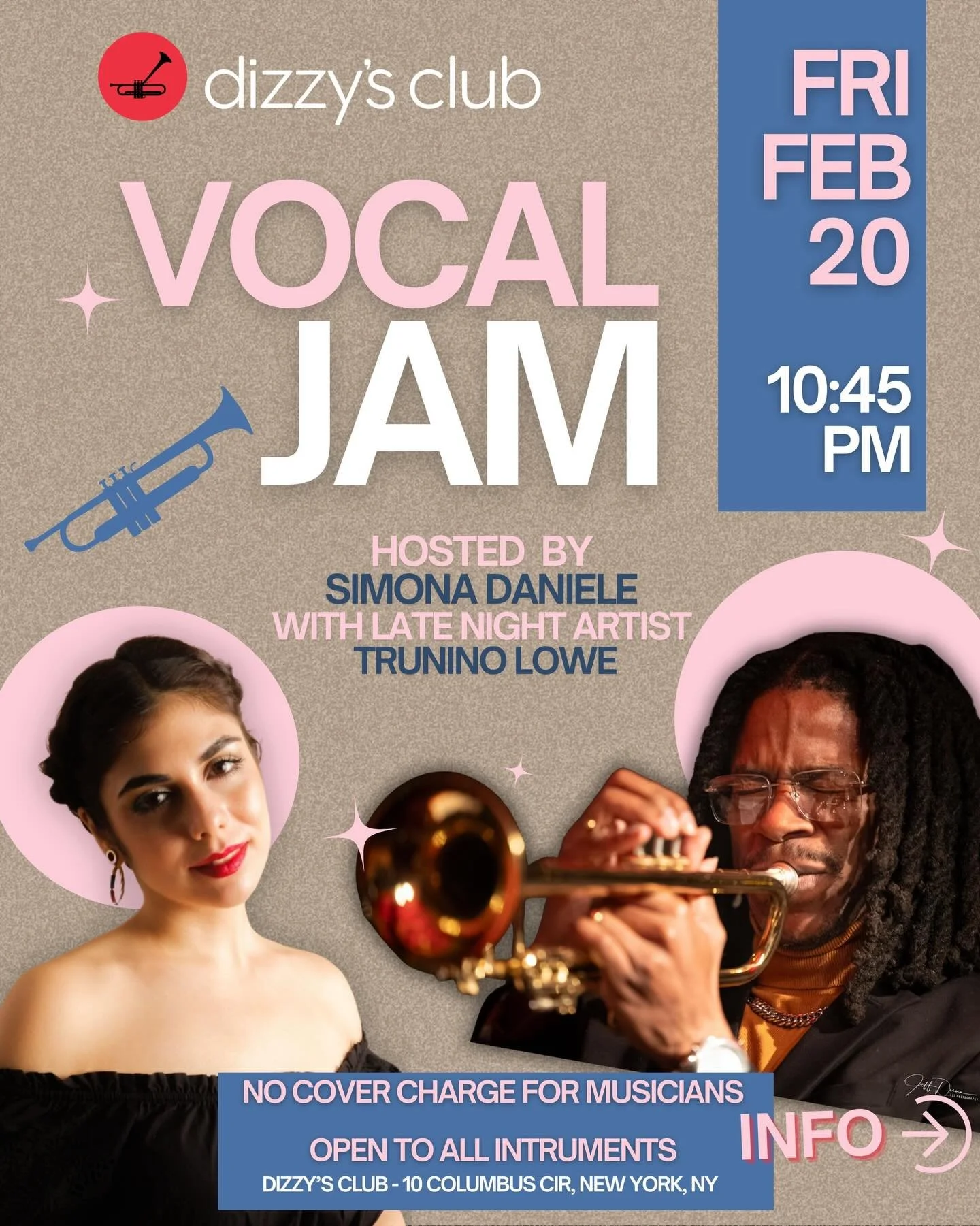 Vocal Jam is back at Dizzy&rsquo;s Club (@jazzdotorg) 🎶

Friday, February 20
10:45 PM

I&rsquo;ll be hosting the night, joined by an incredible lineup ✨

Trunino Lowe (@bandg3ek) on trumpet
Jeffrey Trent on tenor saxophone
Kasan Belgrave on alto sax