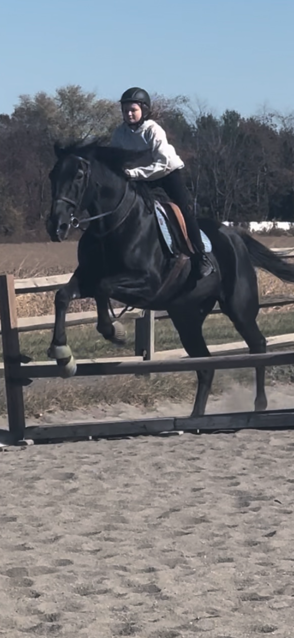 A person riding a black horse over a wooden obstacle on an outdoor riding track.