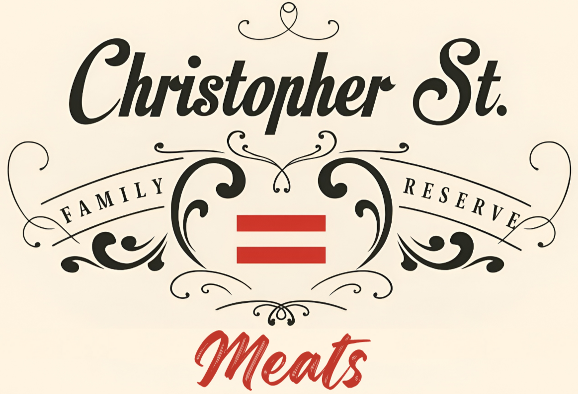 Sign for Christopher St. Meats with decorative design, indicating it is a family-owned business with reserves, and featuring a red double equals sign in the center.