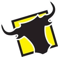 Stylized black bull head with yellow background accents
