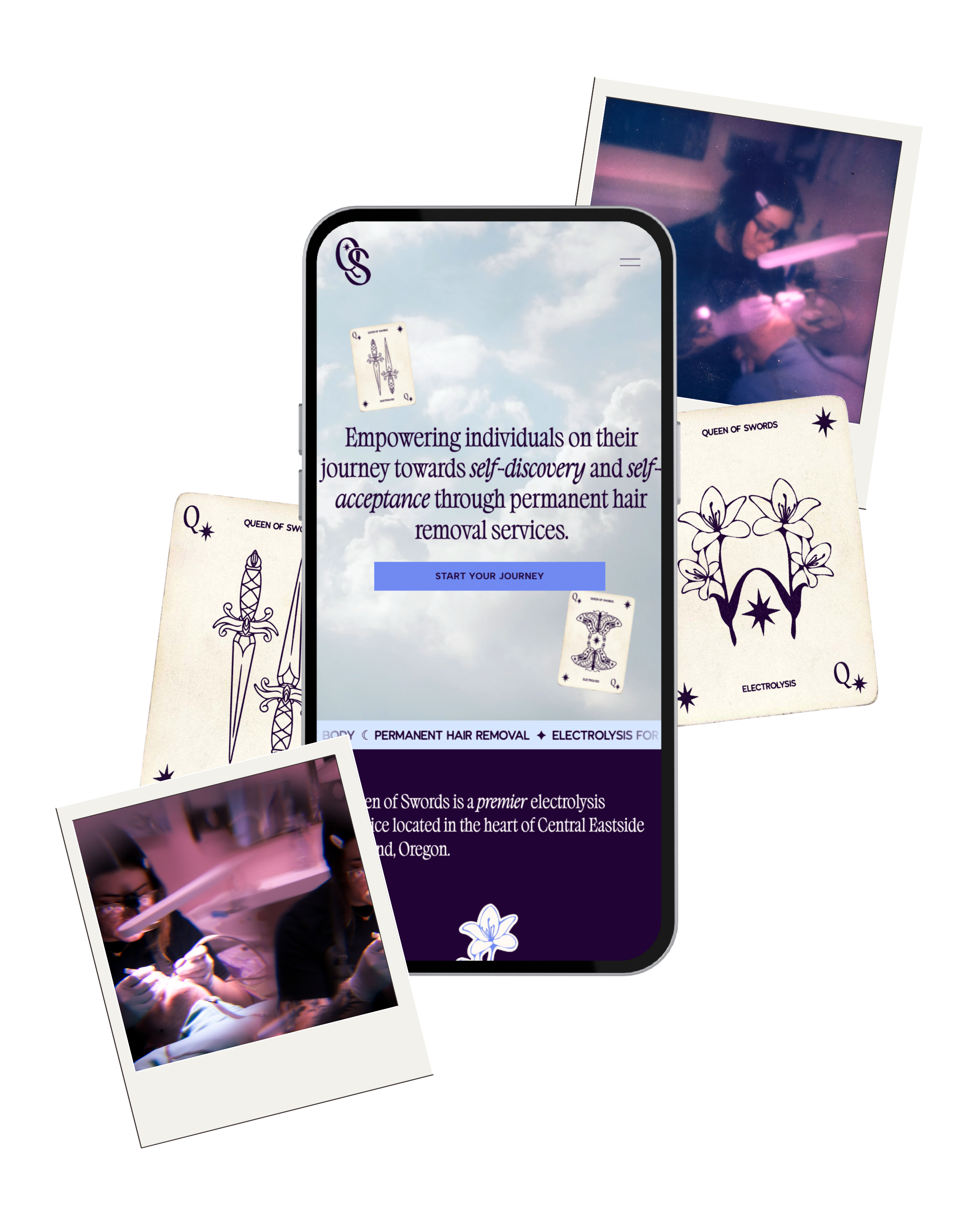 A smartphone displaying a website designed by Marmalade Creative Studio for a Portland Electrologist, surrounded by printed photographs of people receiving hair removal treatments.