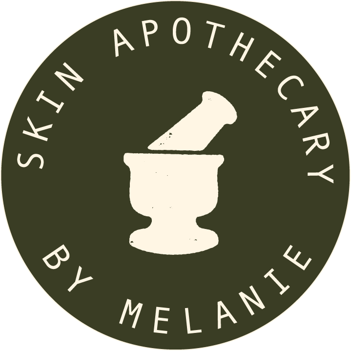 Logo for Skin Apothecary by Melanie featuring a mortar and pestle with a single item inside.