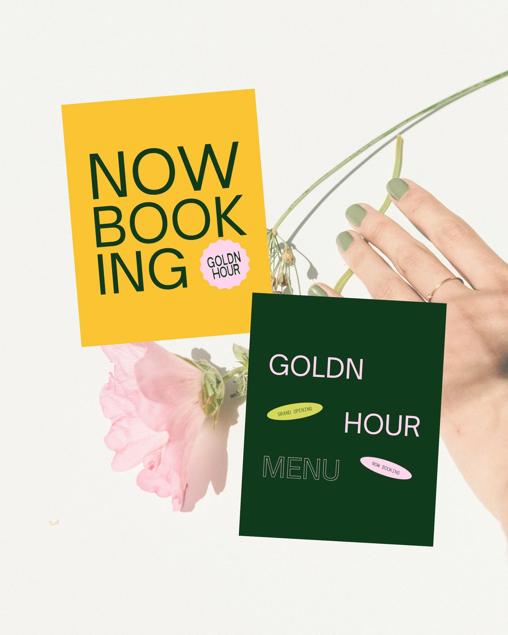 Two social media templates created by Marmalade Creative Studio for Goldn Hour Nail Studio, one yellow and one dark green, are placed on a light background with a pink flower and a hand with painted nails reaching toward the flower.