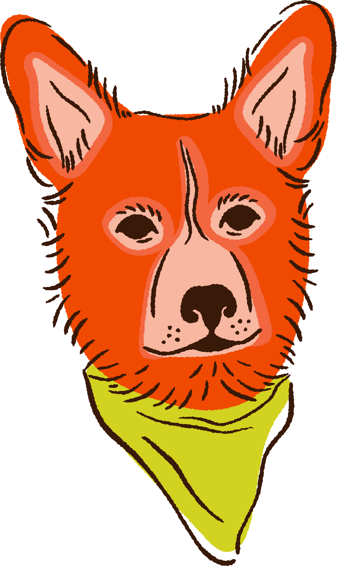 Stylized illustration of a corgi's face with orange fur, white details around the nose and eyes, and a green bandana around its neck.