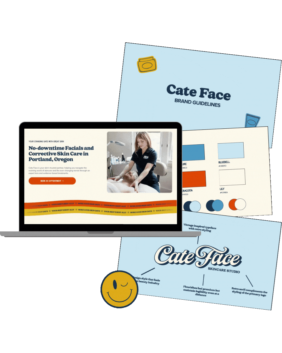 Print branding materials for Cate Face skincare studio designed by Marmalade Creative Studio, including a logo, brand guidelines, and a webpage showing facial treatment services.