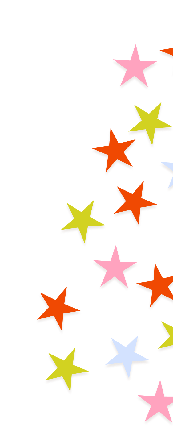 Colorful star-shaped confetti scattered on a white background.