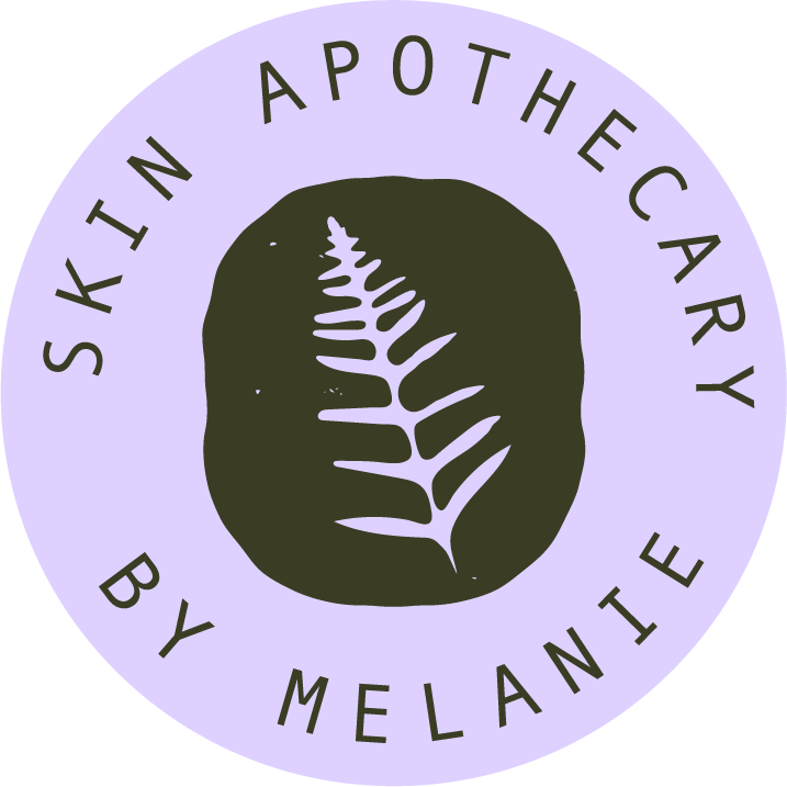 Logo with a purple circular background, a black shape resembling a rock, and a white fern leaf in the center. Text around the circle reads "Skin Apothecary by Melante."