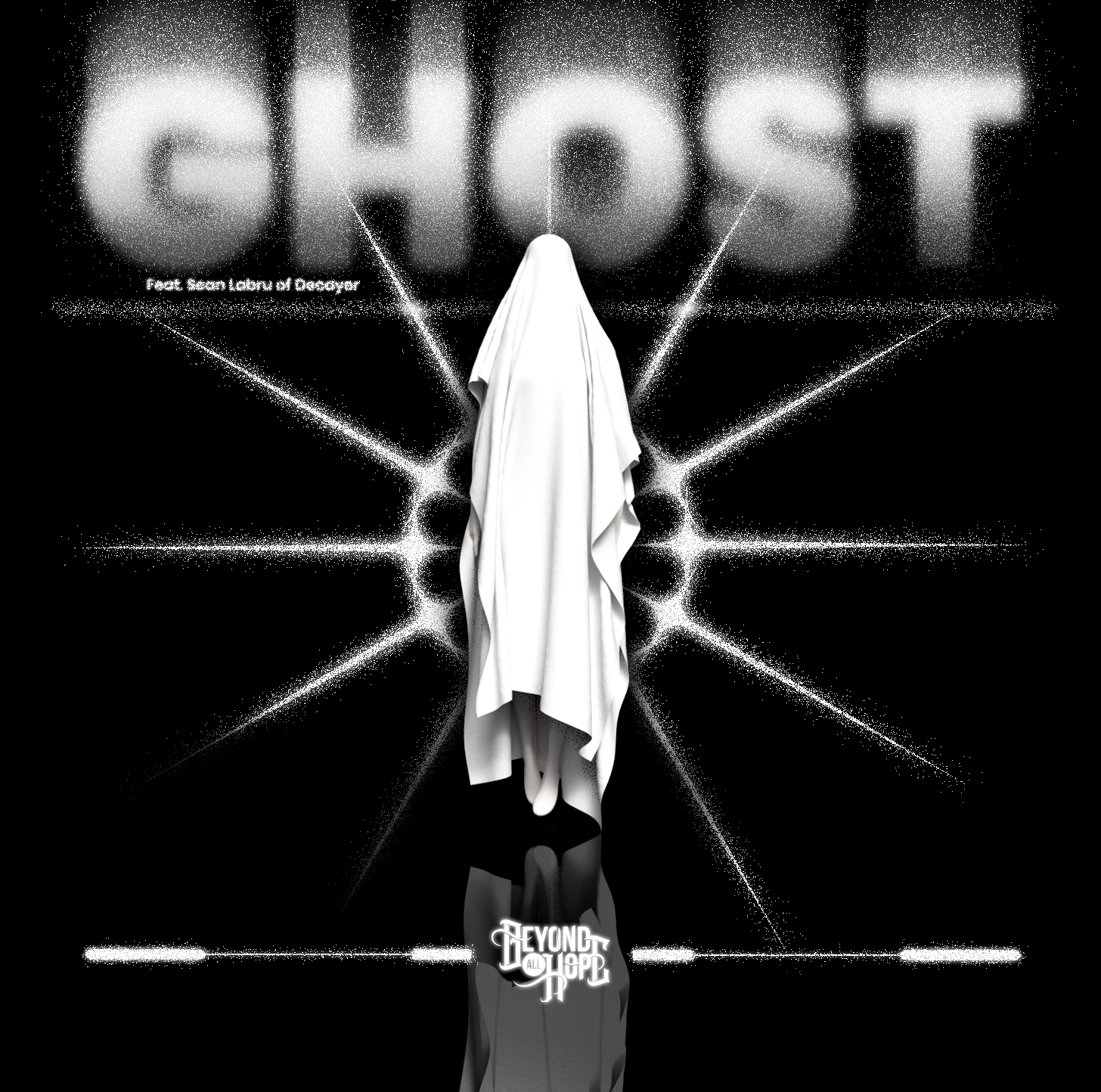 A ghostly figure draped in white cloth stands in front of a black background, surrounded by a glowing starburst pattern. The word 'GHOST' appears in large, blurry white text at the top, with smaller text underneath. The phrase 'BEYOND THE EDGE' is at