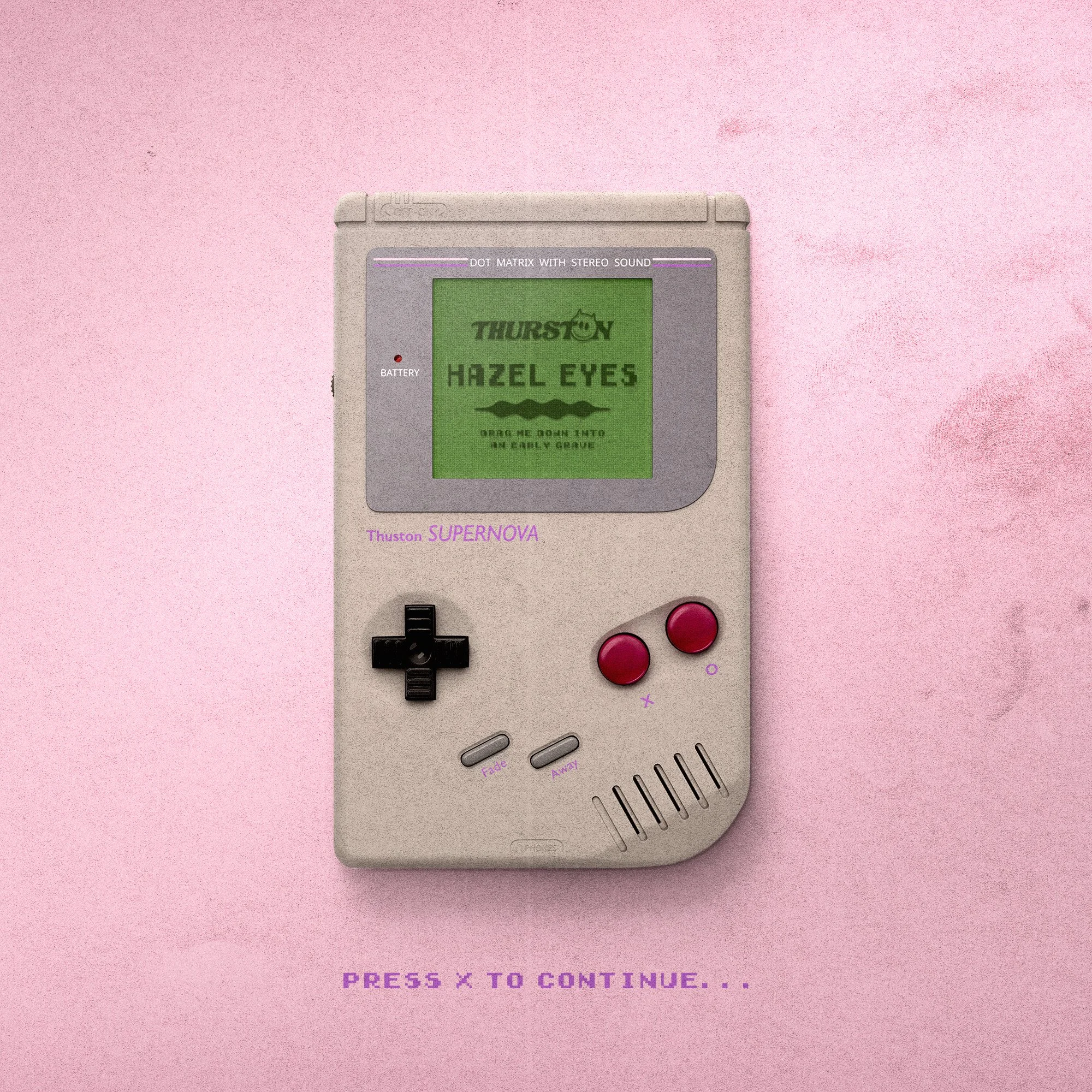 A vintage black and white Game Boy with a screen displaying the game Hazel Eyes by Thurston Supernova, placed on a pink surface with text that reads 'PRESS X TO CONTINUE...'