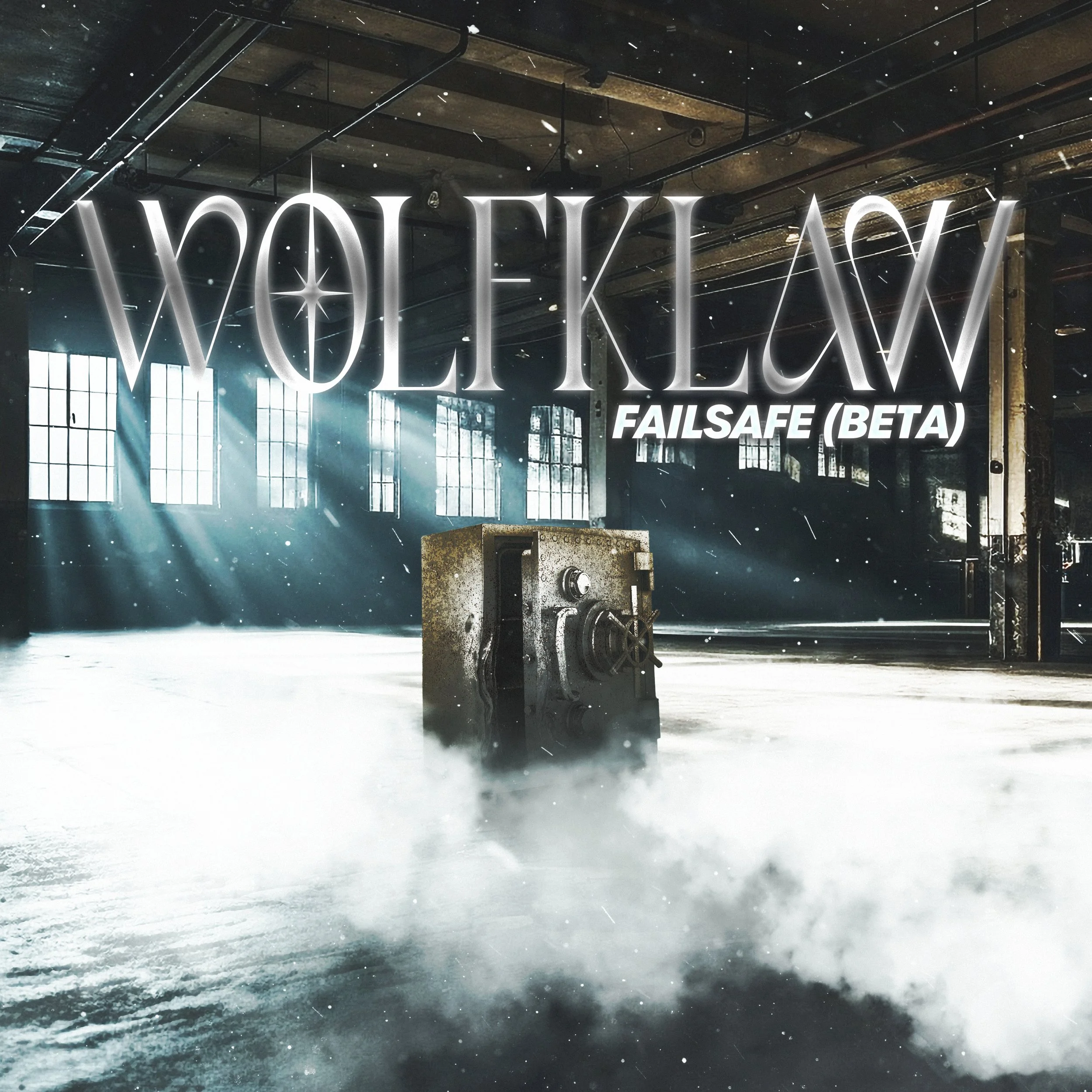 An industrial warehouse with large windows, sunlight streaming in, and smoke on the floor. A safe is placed at the center, with the text 'WOLFKLAW FAILSAFE (BETA)' overlaid.