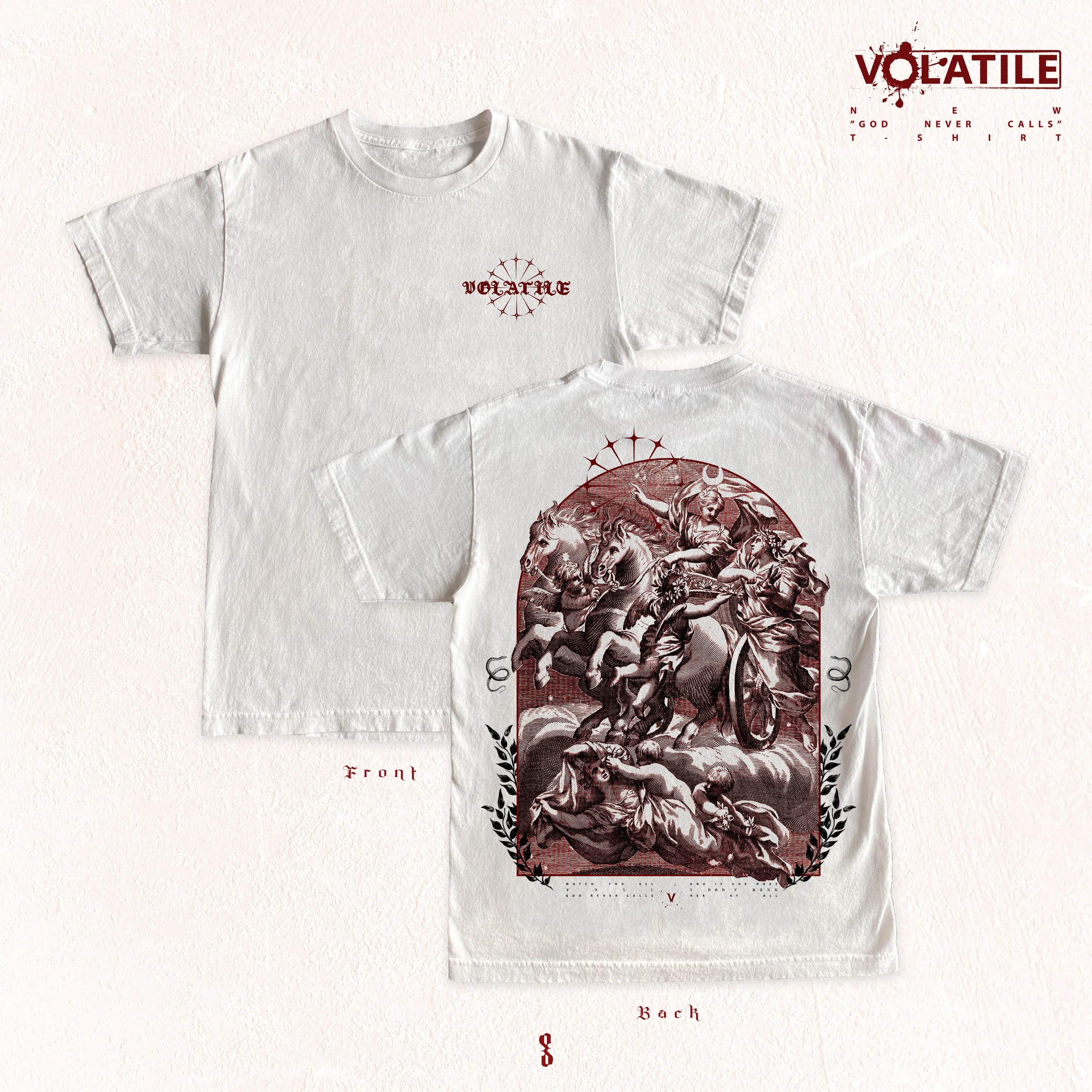 Two white T-shirts with dark red and black graphic designs. The front has a small circular emblem with the word 'VOLATILE' above. The back features a detailed scene with figures, horses, and angelic imagery, framed with black leaves, with the word 'V
