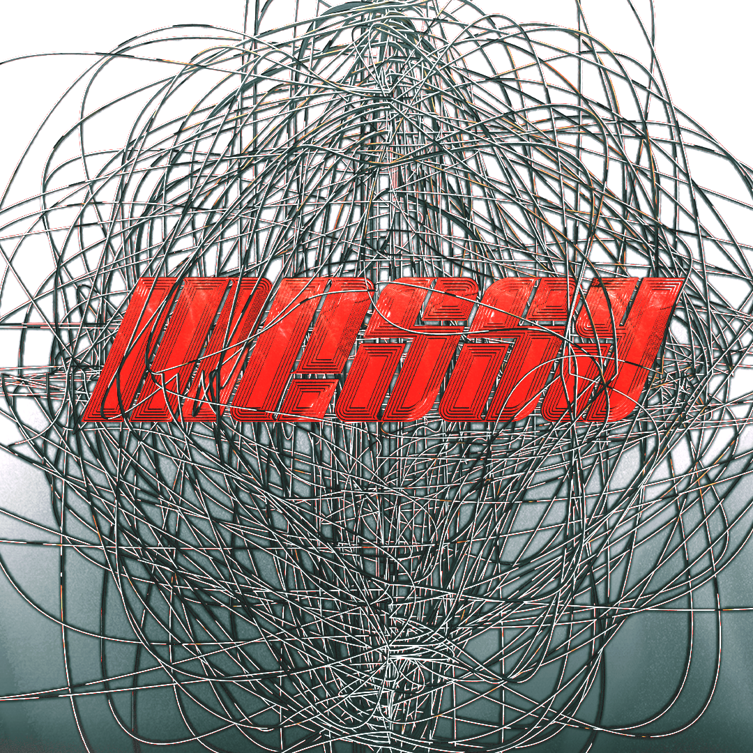 A tangled ball of metallic wires with the word 'LUCKY' in bold red letters overlayed in the center.