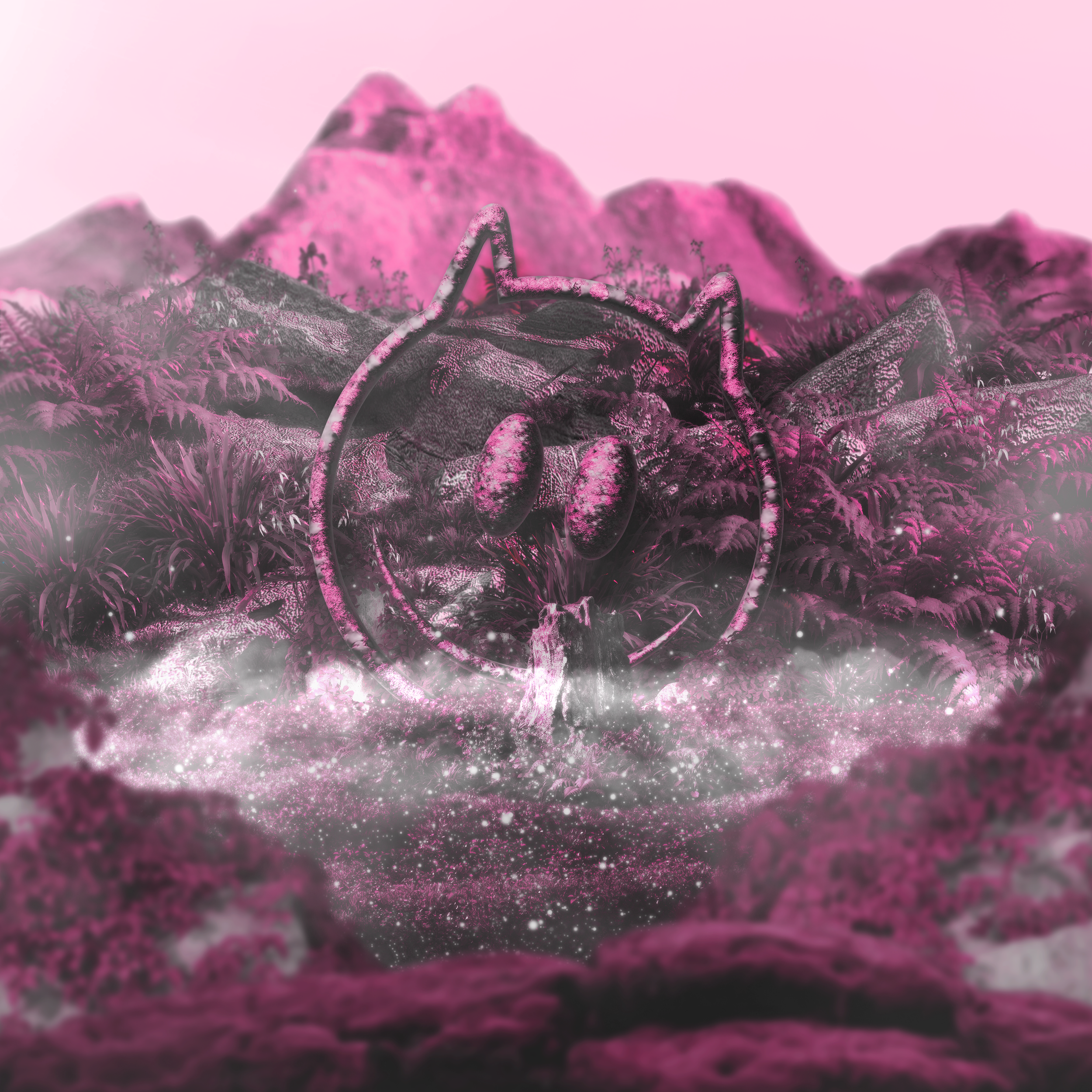 Digital artwork depicting a pink monochrome scene with large mountains, a forest, and a giant Mary Jane cookies mascot outline in the center.