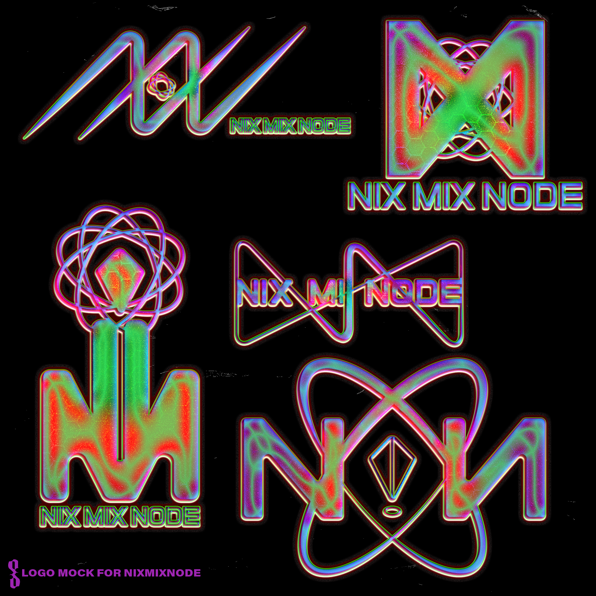 Collection of five neon-style logos for NIXMIXNODE with abstract geometric designs and colorful glow effects on a black background.