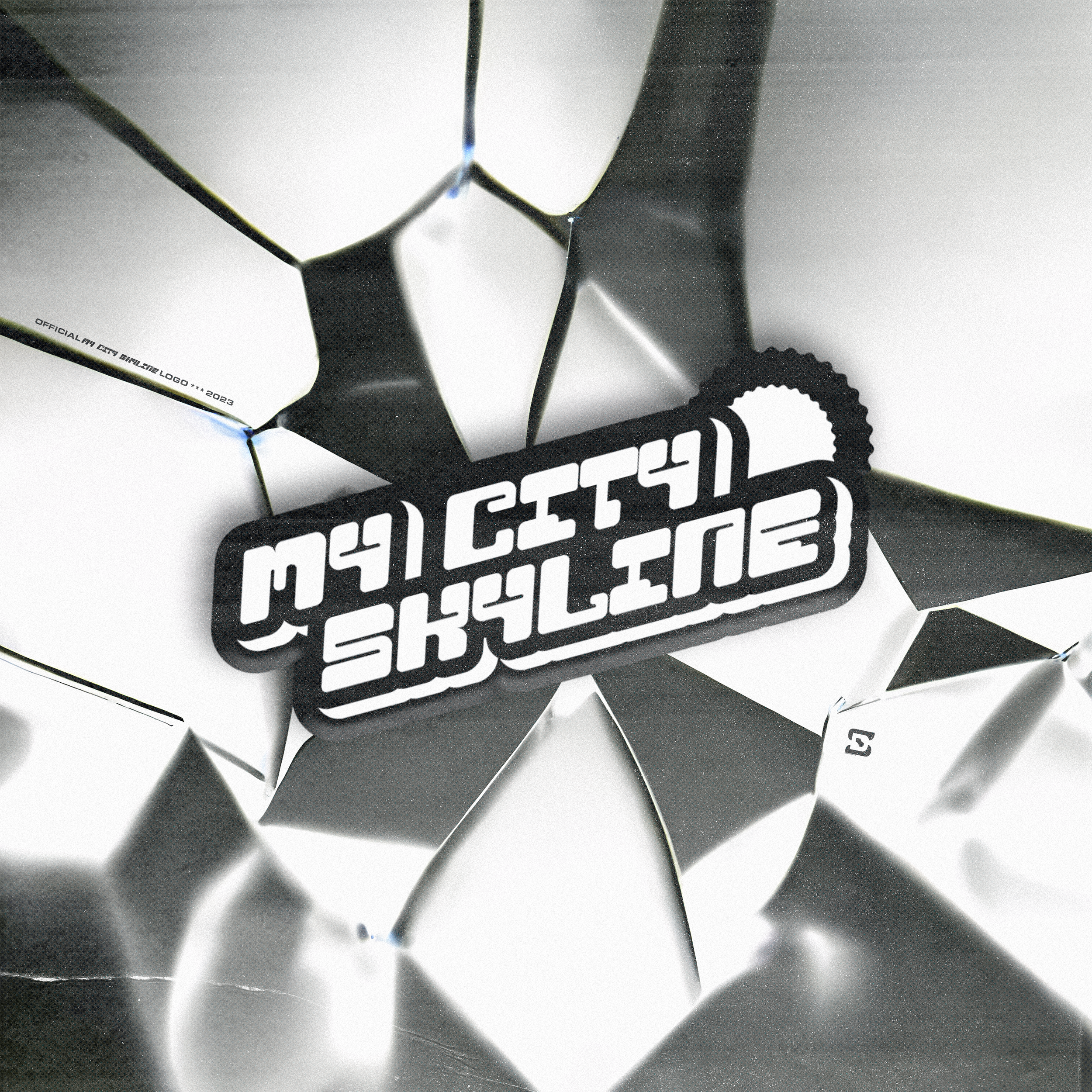 A reflective silver geometric container with a skateboarder logo and the words "Skateboard" inside, creating a dynamic pattern.