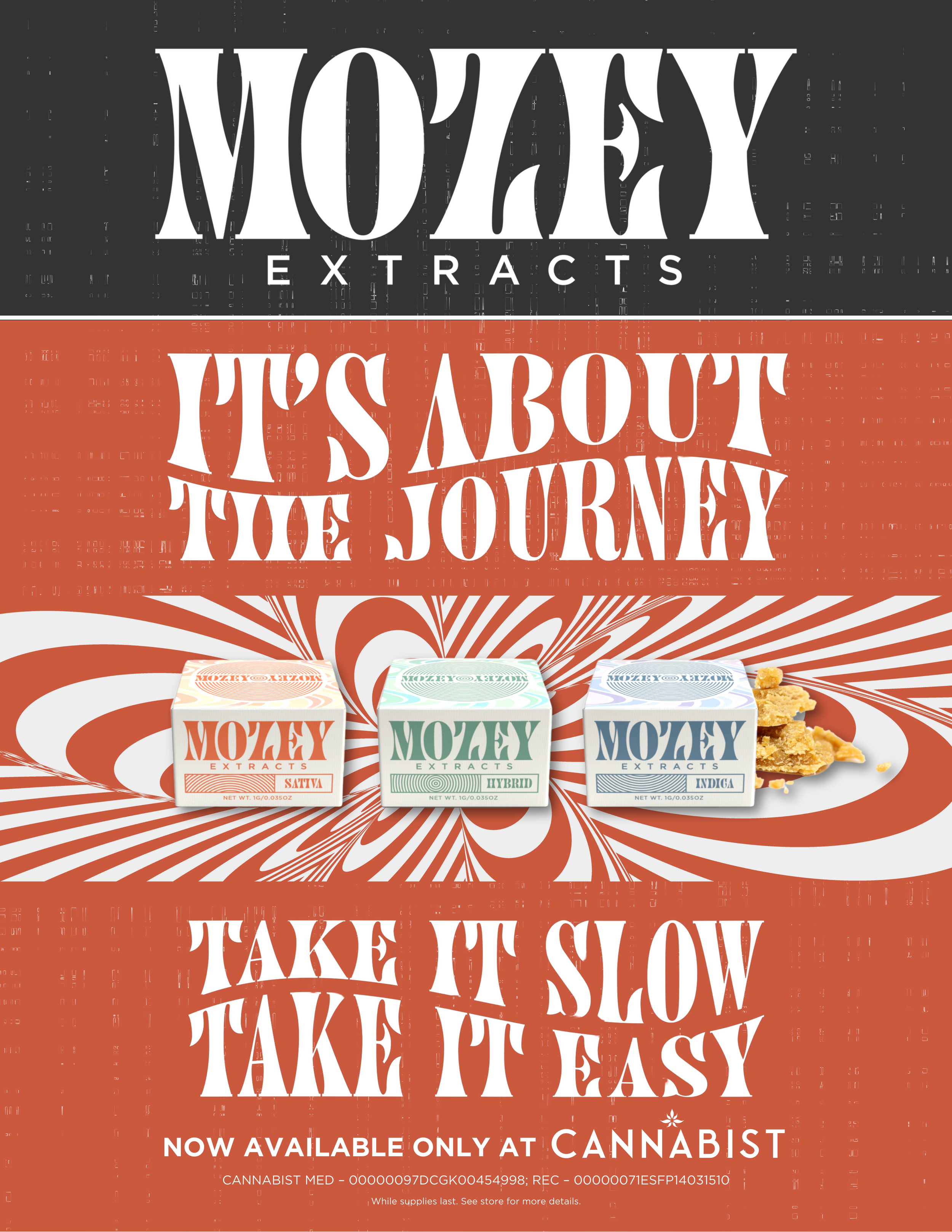 A promotional poster for Mozej Extracts cannabis products featuring three boxes labeled Sativa, Hybrid, and Indica, with a background pattern of swirling stripes, and text stating 'It's about the journey', 'Take it slow, take it easy', and 'Now avail