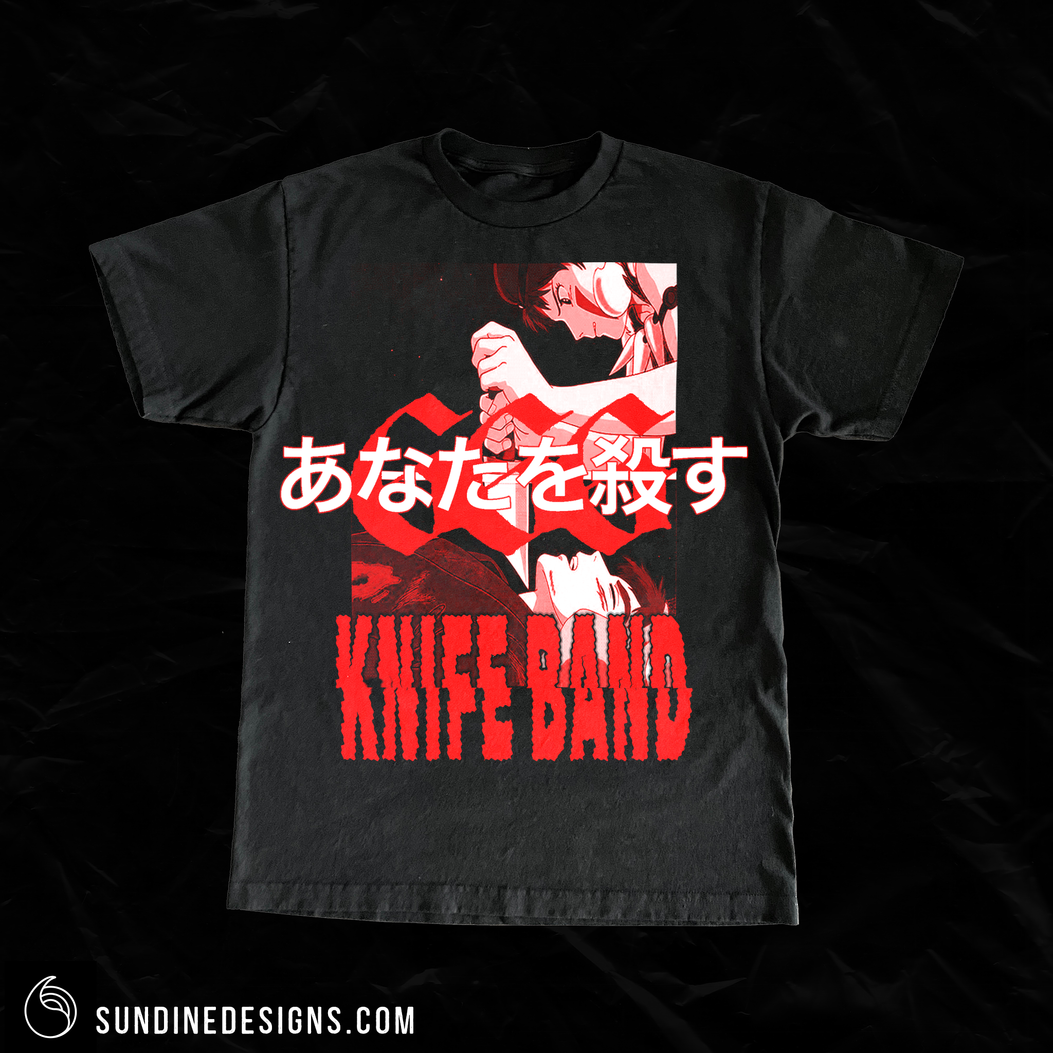 Black T-shirt featuring anime-style illustration of two characters, one holding a knife, with Japanese text and bold red English text reading "KNIFE BAND."