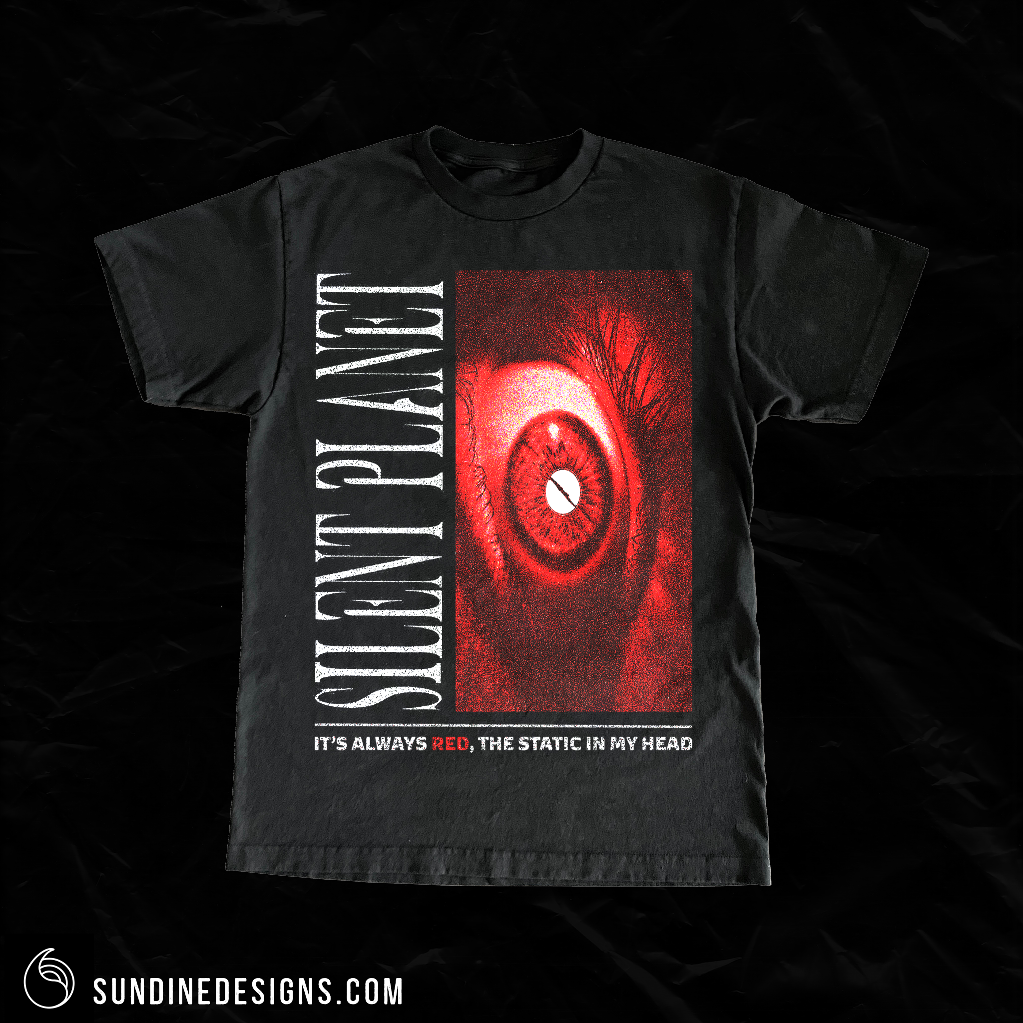 Black T-shirt with a large red eye graphic and white text reading "Silent Plantacium" and smaller text "It's always red, the static in my head."