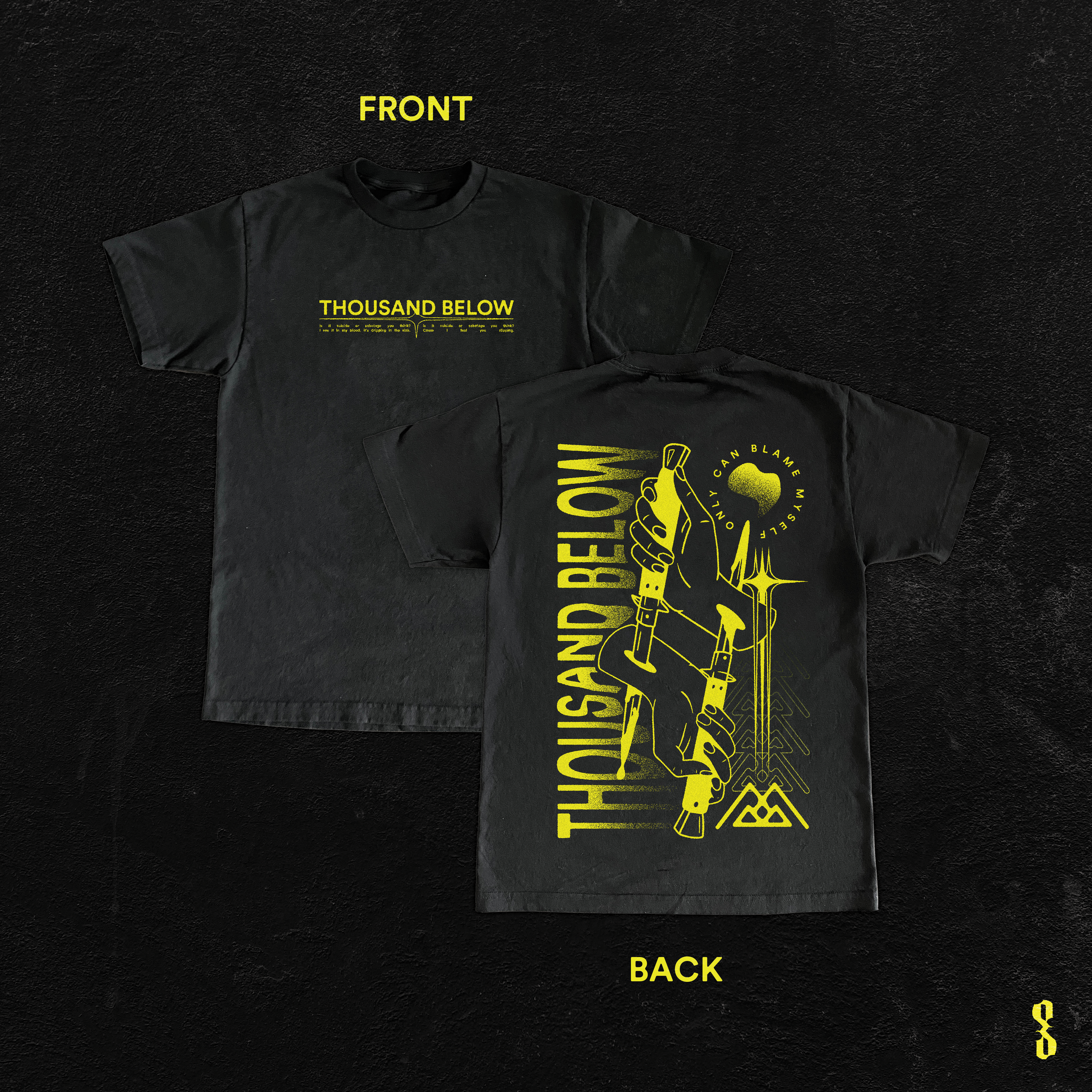 Black t-shirt with yellow graphic design and text. The front has the words 'THOUSAND BELOW' above smaller, unreadable text. The back features a large graphic of a hand gripping multiple rifles with the words 'THOUSAND BELOW' positioned vertically and