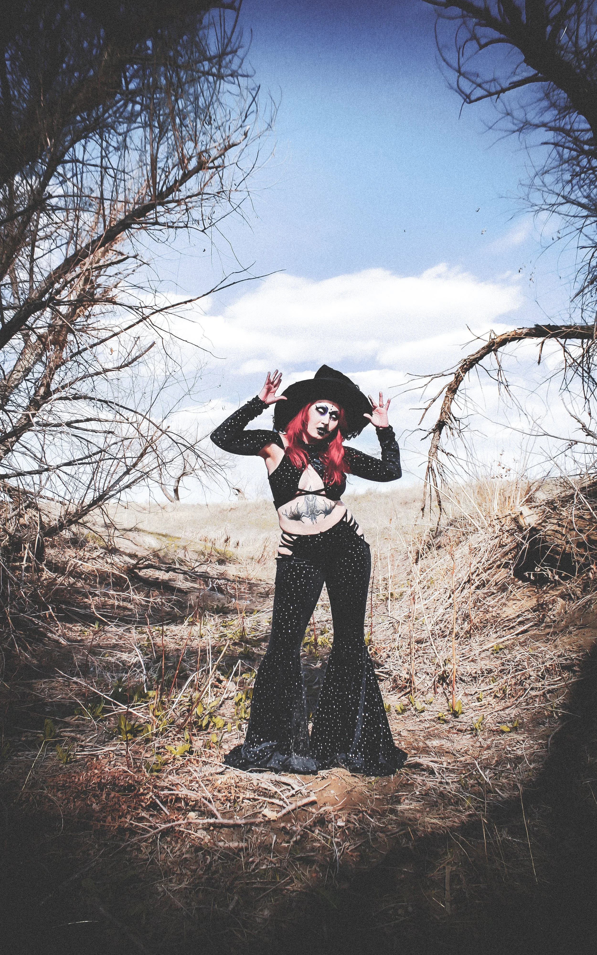 A woman with red hair dressed in a black, star-patterned outfit and large hat stands in a desolate outdoor landscape with leafless trees and a cloudy sky.