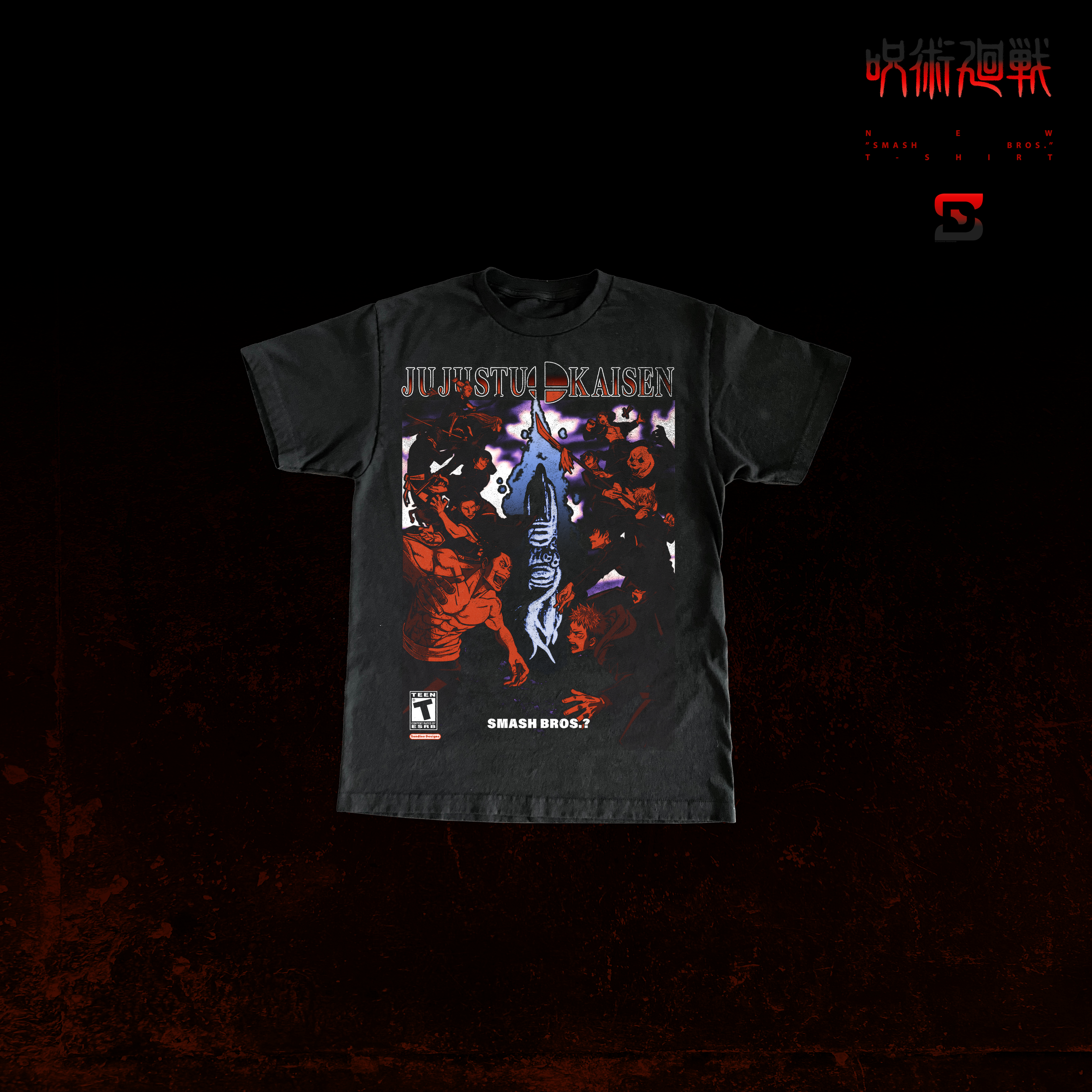 Black T-shirt featuring artwork from the anime 'Jujutsu Kaisen' with characters fighting around a blue, forest spirit-like figure, titled 'Jujutsu Kaisen'.