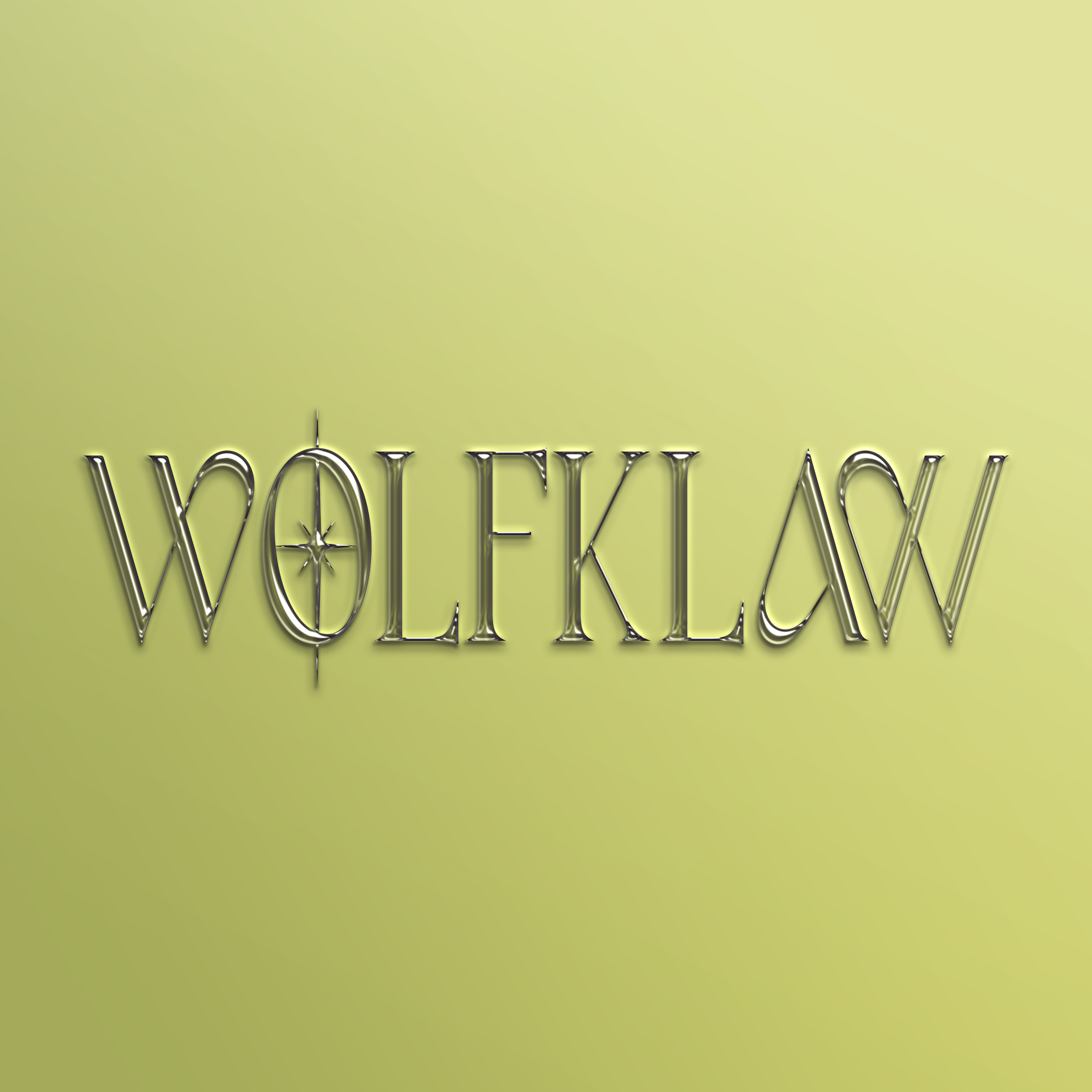 Stylized metallic logo of the word 'WOLFKLAW' with a compass rose inside the letter 'O', set against a light green gradient background.