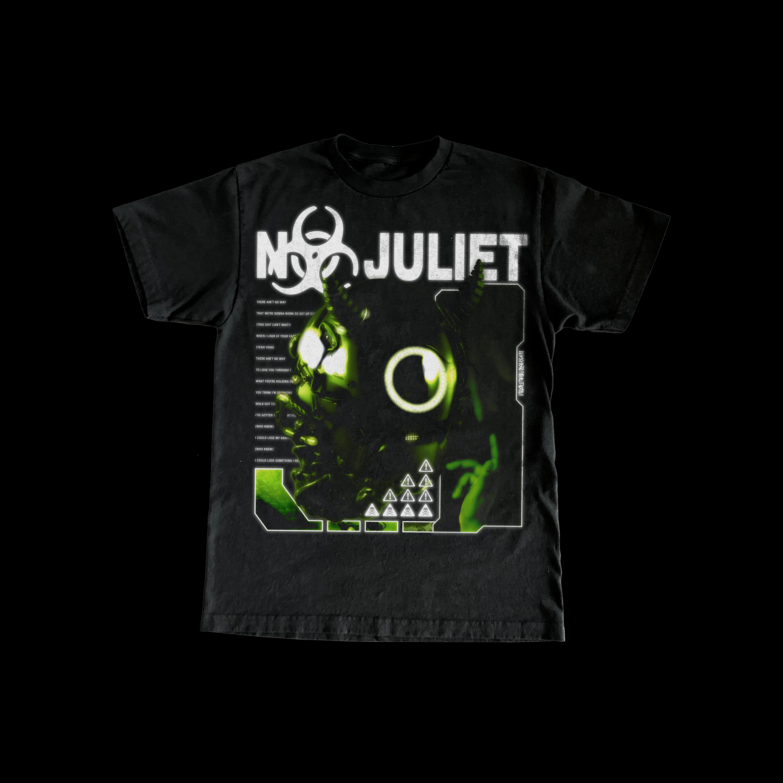 Black T-shirt with green and white graphic design, including text 'NO JULIET' and various abstract and technical elements.