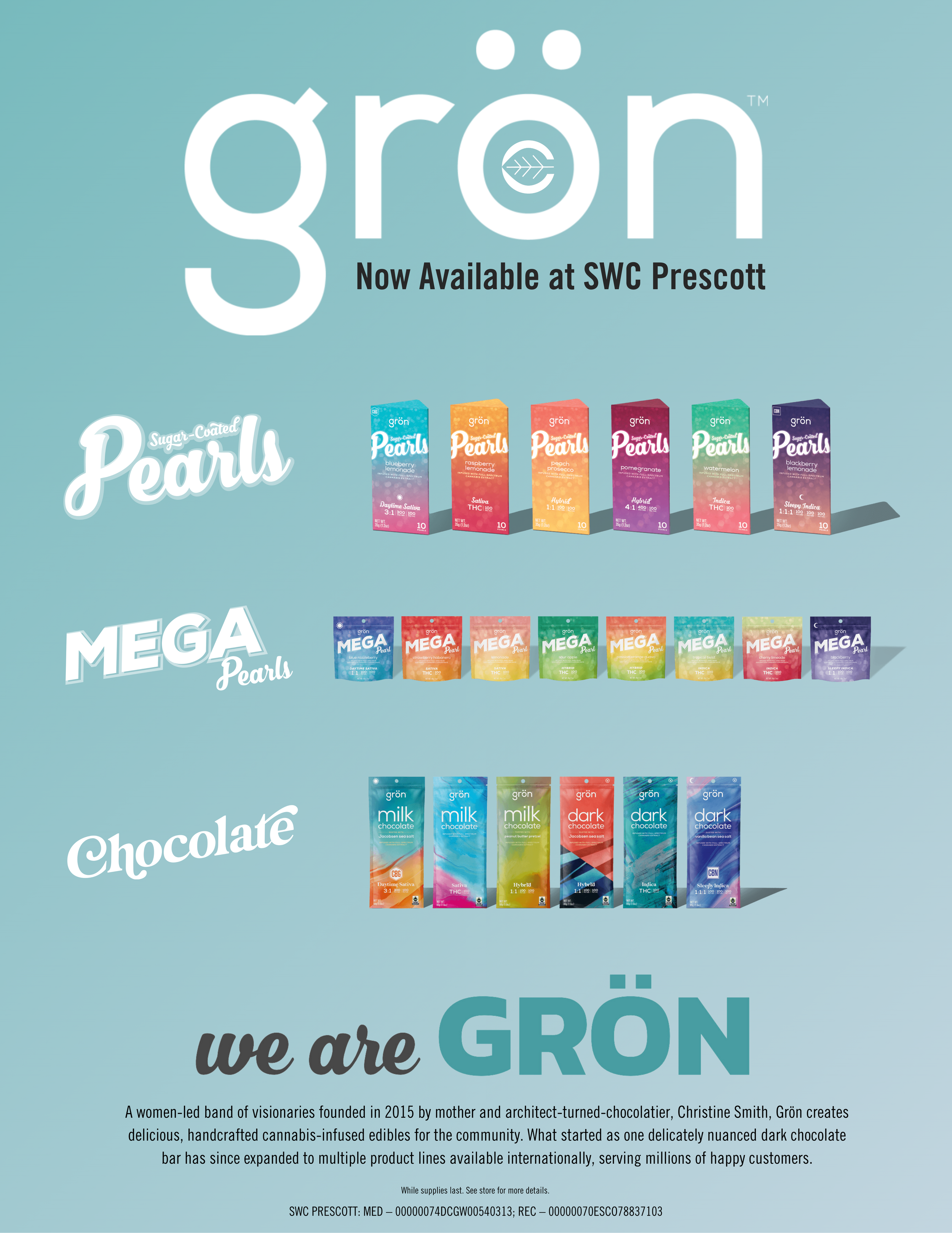 Advertisement showing various products from the Grüon cannabis-infused edibles line, including Pearls, Mega Pearls, and Chocolate, with the tagline "we are GRÖN" and a description of the brand's history and offerings.