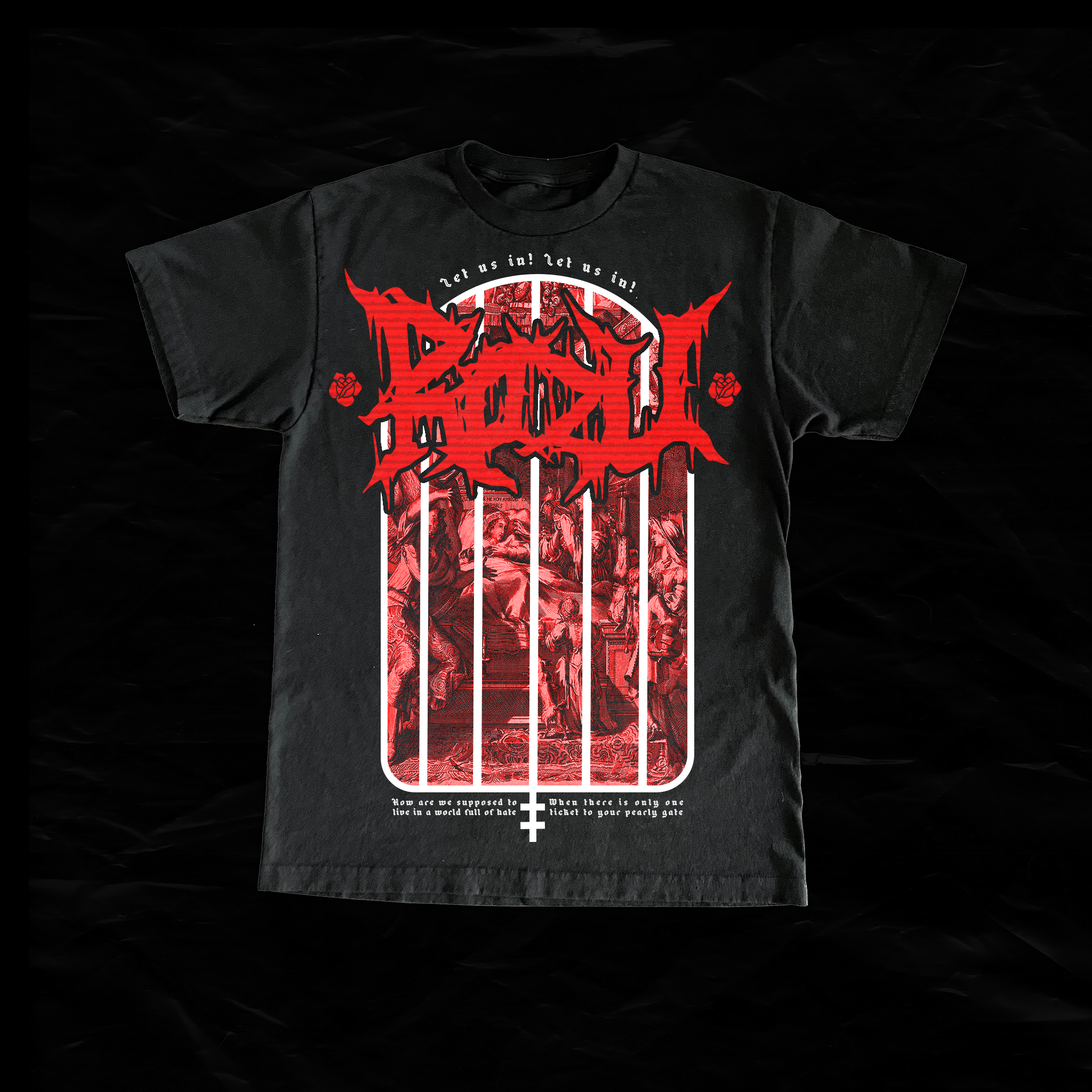 Black T-shirt with red and white graphic design, featuring a dripping, horror-inspired logo, a collage of scenes, and text reading 'Let us in! let us in!'