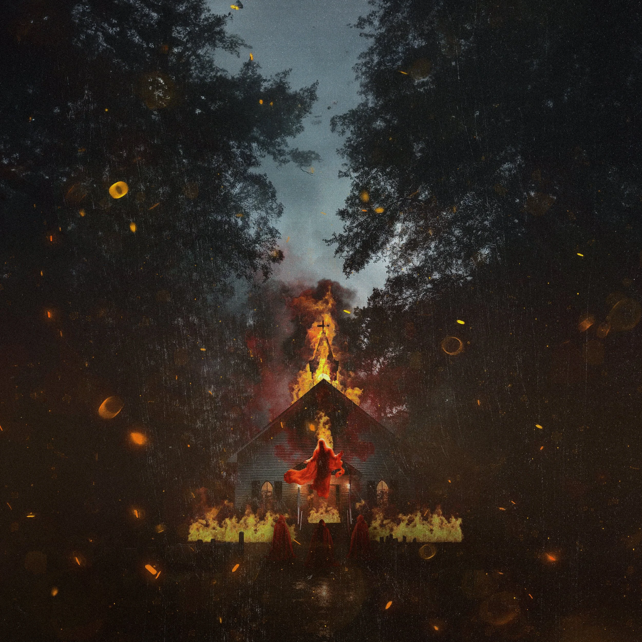 A church on fire with flames and smoke coming from the top, surrounded by trees and a dark sky, with a glowing red figure or object in front of the church and three figures nearby.