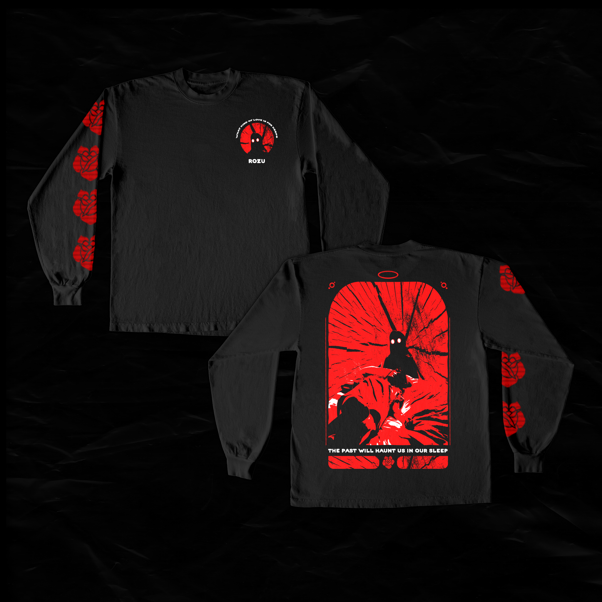 Black long sleeve shirt with red graphic design on front, back, and sleeves. Front features a circular image with a silhouette of a creature with glowing eyes, surrounded by text, and the name 'ROZU'. Back depicts a haunting scene with a creature in 