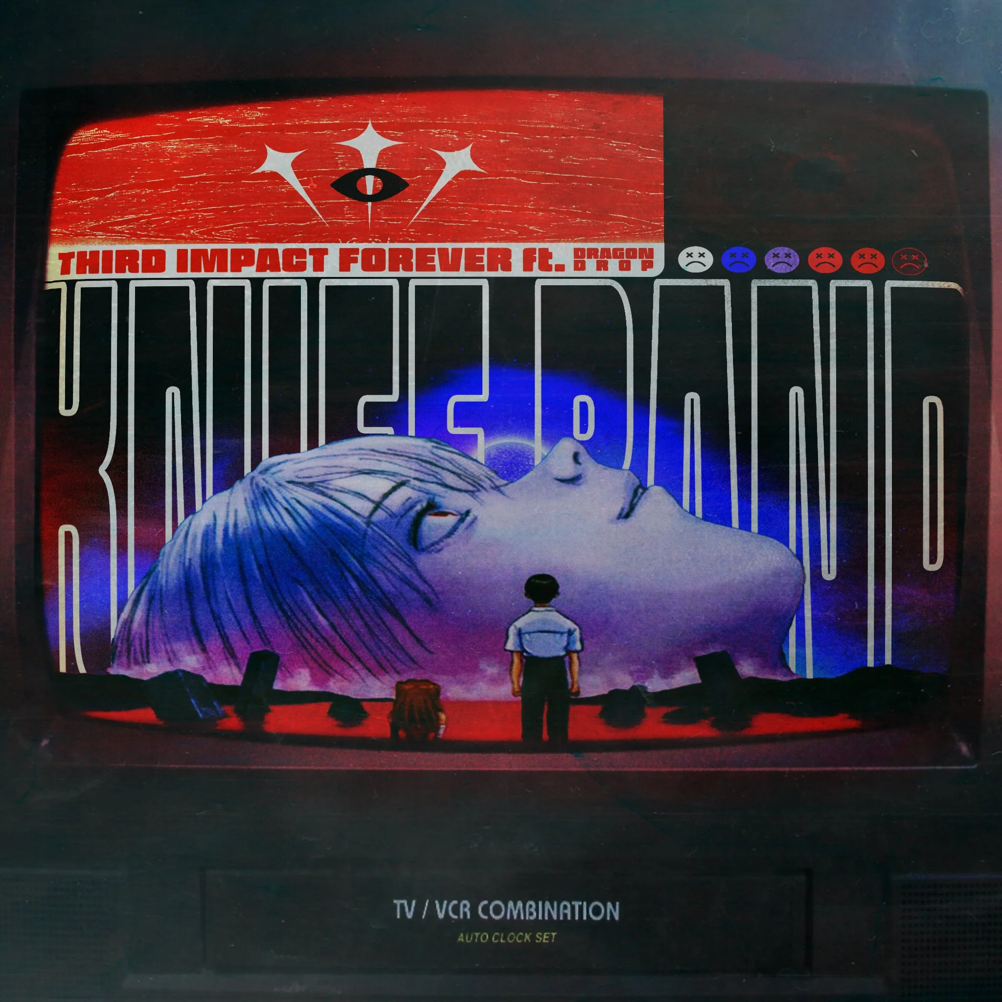 A vintage TV/VCR combination device is showing a colorful anime-style poster with a large face of a girl, a small figure of a boy standing in front of her, and the text 'Third Impact Forever ft. Dragon Drop'. The poster has a futuristic and cosmic th