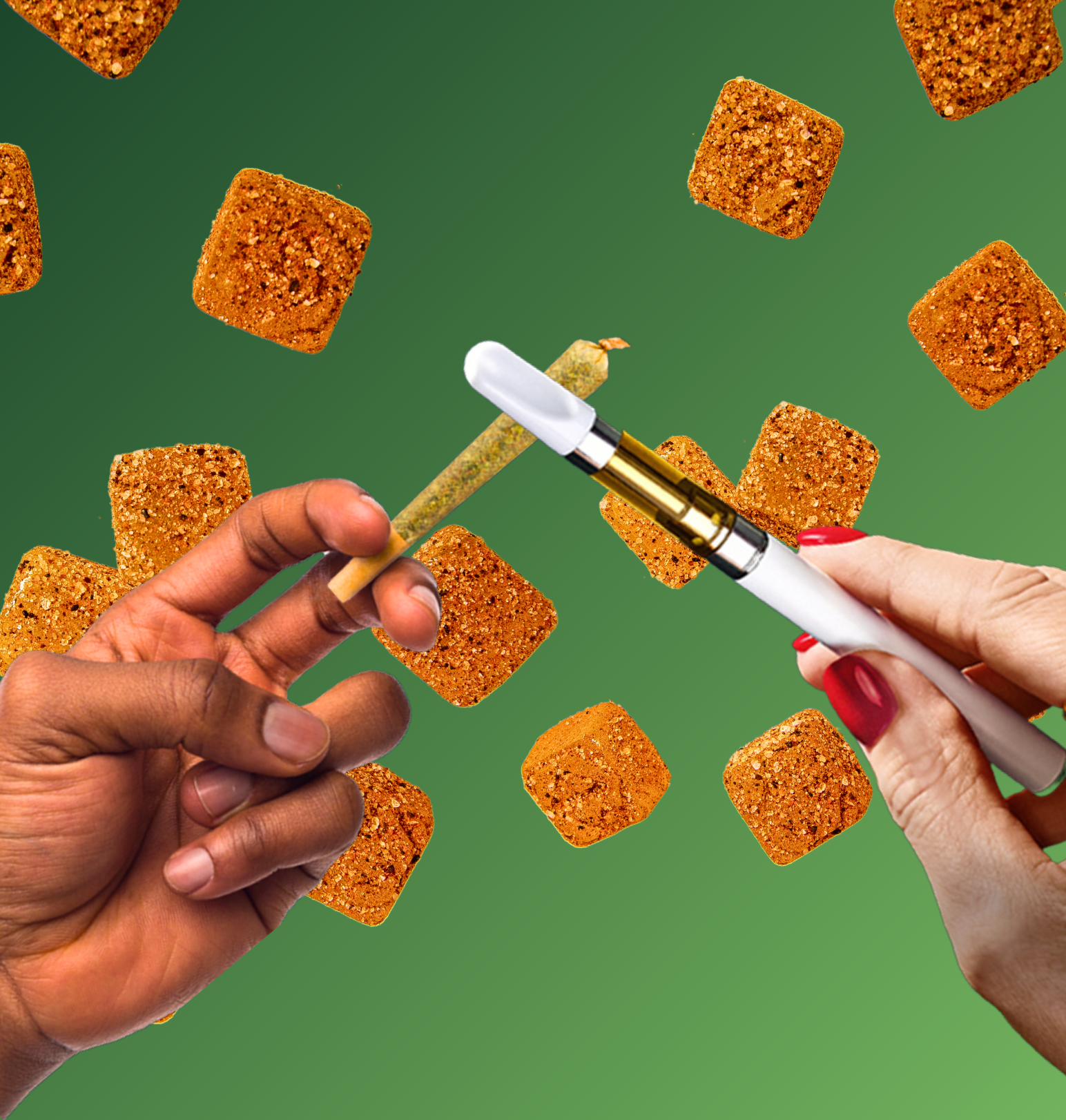 Two hands holding cigarettes, with floating brown sugar cubes and a green background.
