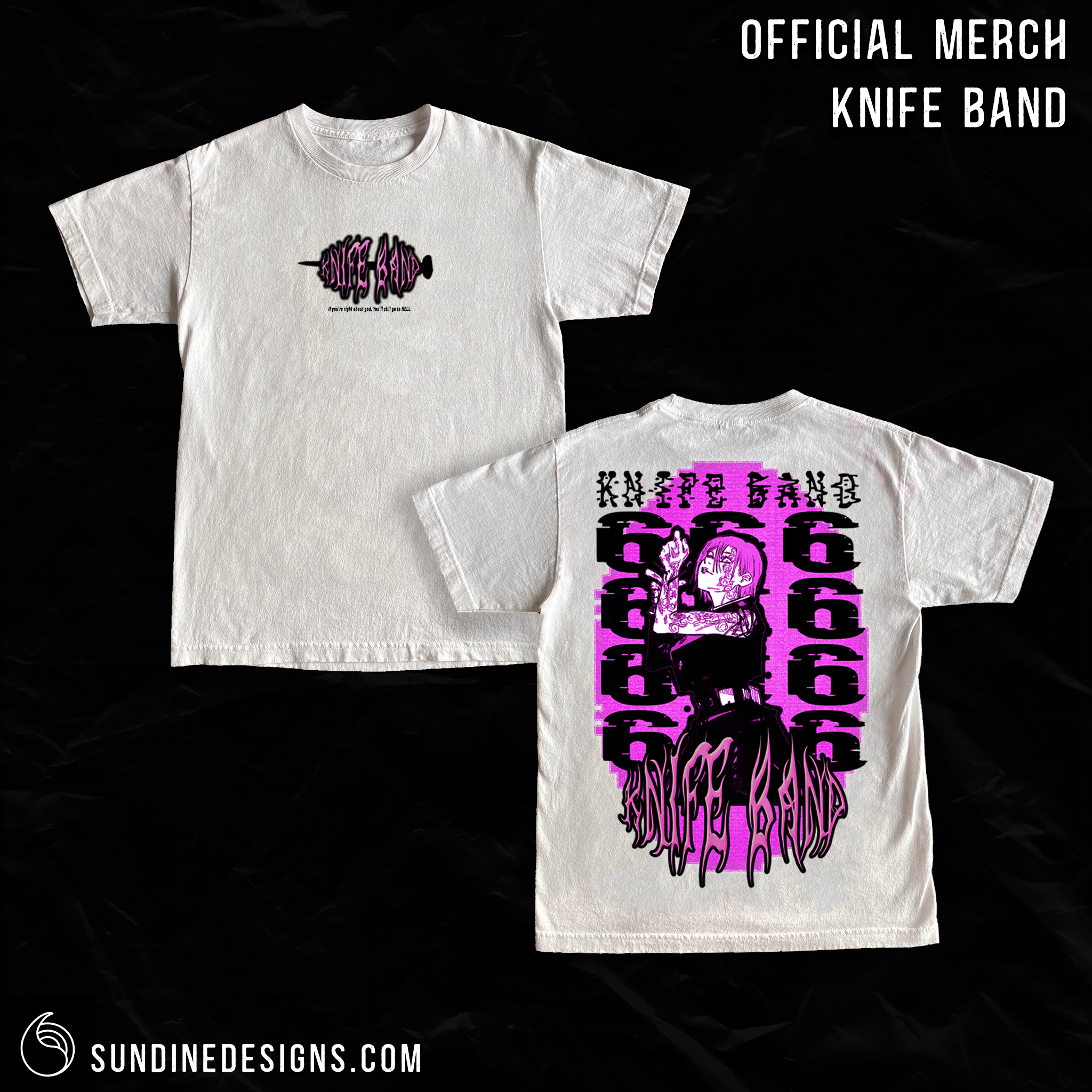 White T-shirt with black and pink graphic design promoting the Knife Band's official merchandise. The front features a stylized logo with text, and the back has a detailed illustration of a girl with tattoos, surrounded by large repeating "666" numbe