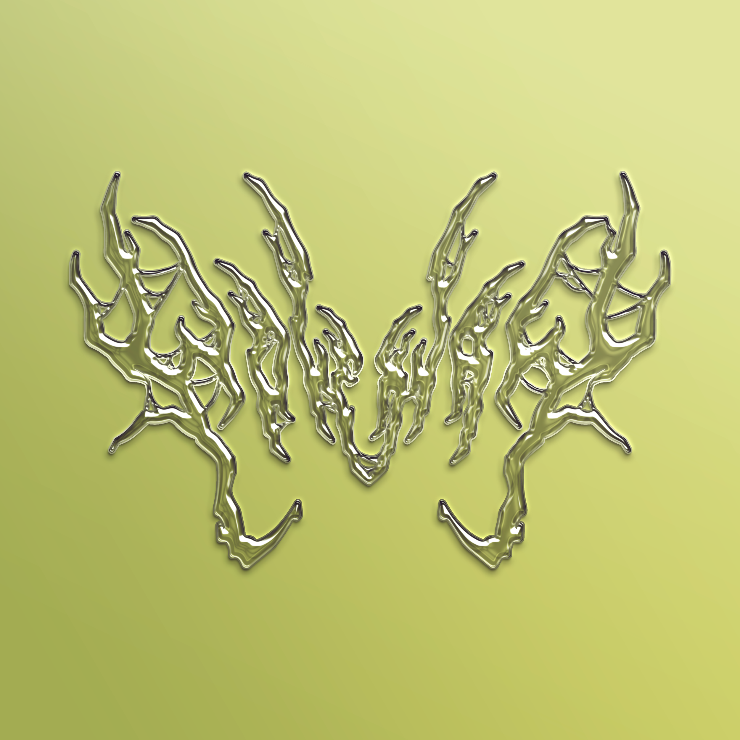 Metallic abstract sculpture resembling a butterfly or angel wings on light green background.