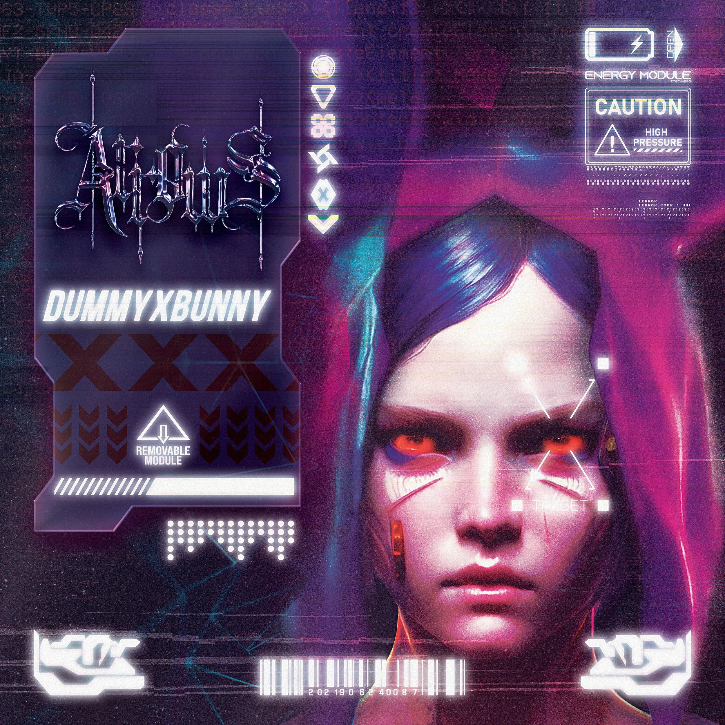 Futuristic digital artwork of a woman's face with glowing red eyes, surrounded by holographic technology overlays, text, and symbols, resembling a cyberpunk theme.