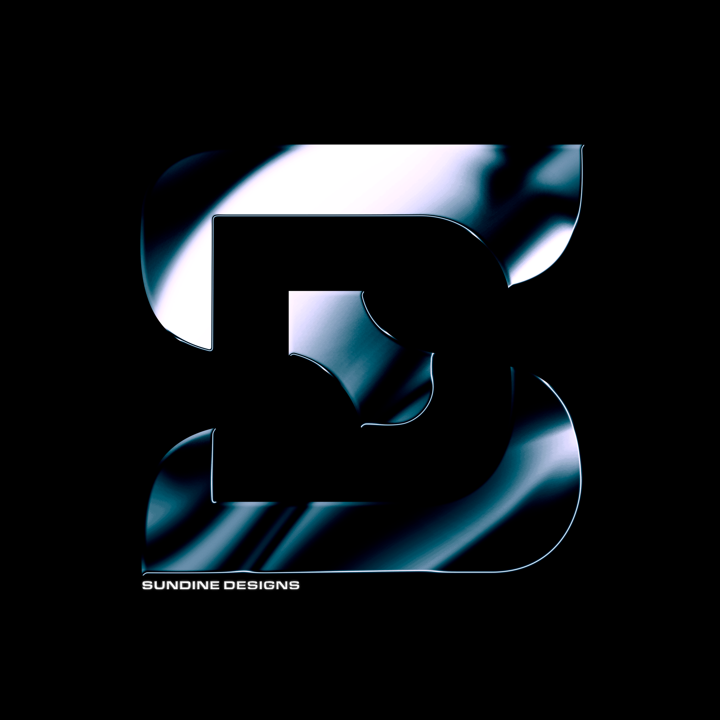 Futuristic metallic number 2 with a sleek, shining surface against a black background, with the text 'SUNDINE DESIGNS' in small white letters at the bottom left.