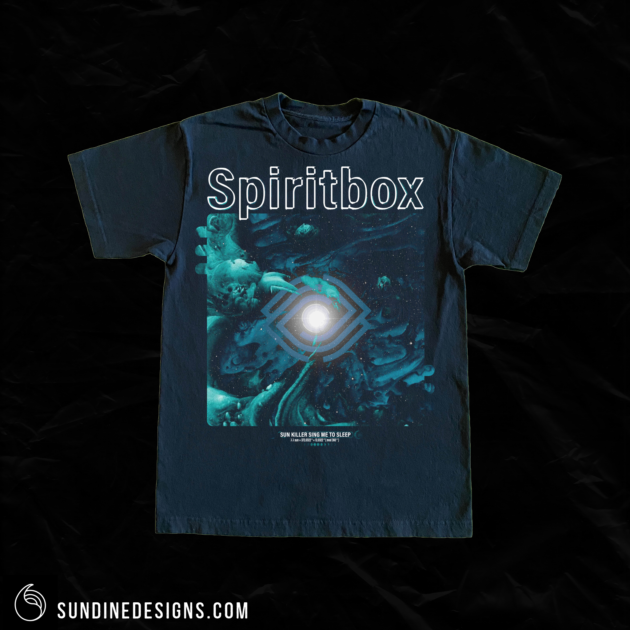 Black T-shirt with a cosmic design featuring swirling blue and teal colors, a bright central light, and the word 'Spiritbox' printed at the top.